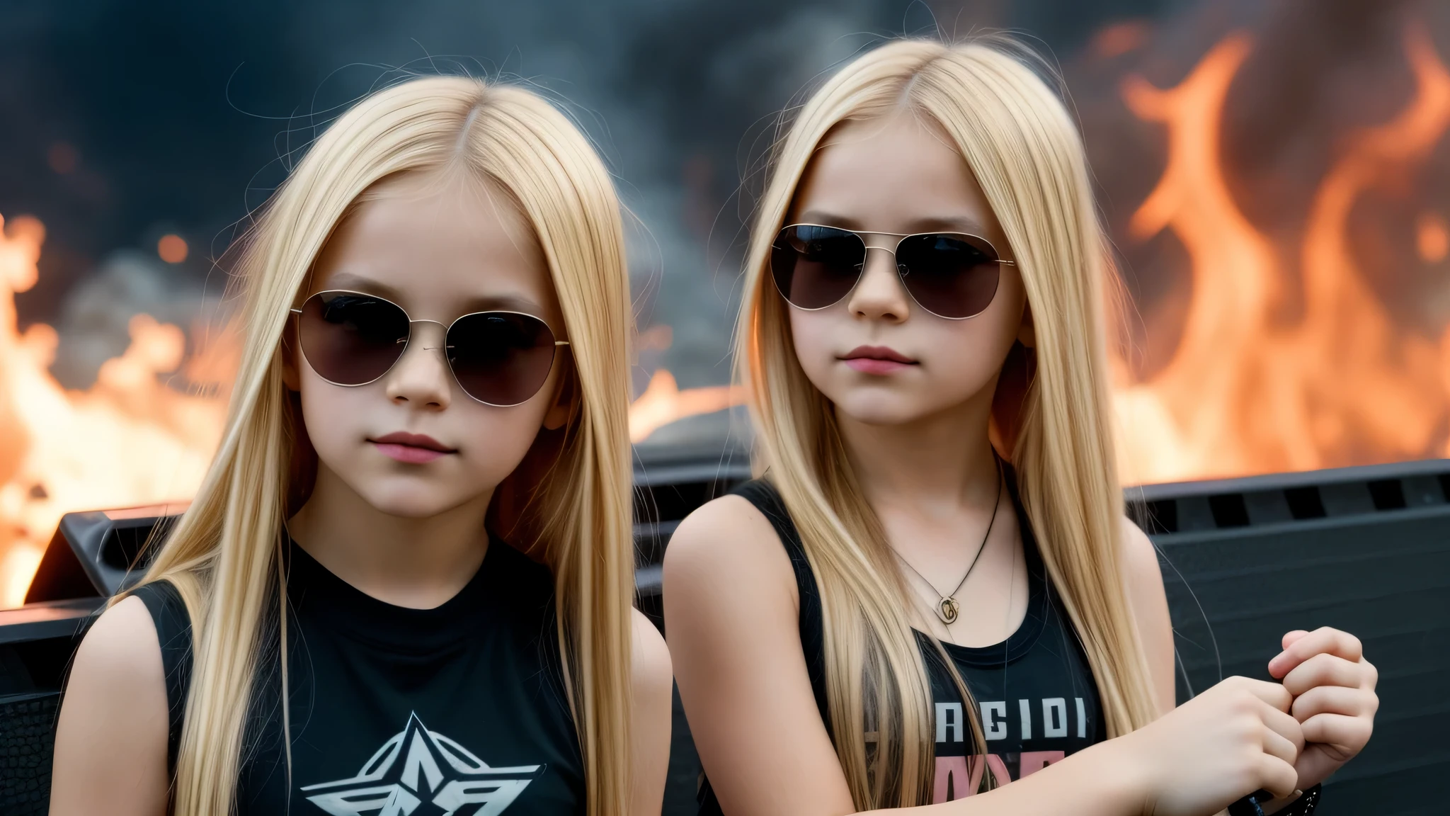 image of a  girls blonde with sunglasses and a sign, heavy metal band promo, halo on fire.