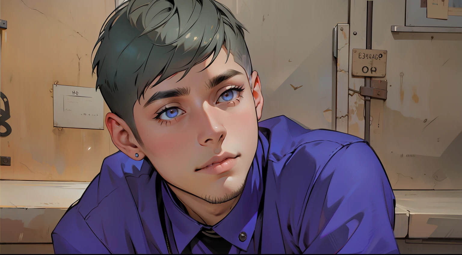 Un joven con cabello negro, Corte en un estilo corto y ordenado, Cara hermosa, penetrantes ojos marrones y una inteligencia astuta, his skin is slightly pale;.