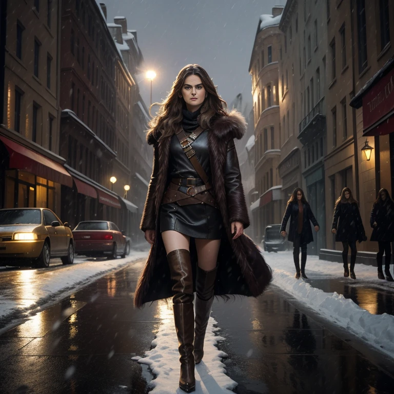 Keri Russell, with very long, wavy brown hair. She wears a fur coat and high-heeled leather boots. Full body. Winter. It is snowing and very windy, causing her long hair to blow in the wind. She is in Washington DC, 1987, insanely detailed, 8k uhd, sharp focus, centered head, cinematic portrait, oil painting, matte painting, art by ruan jia, artgerm and greg rutkowski, wlop, dramatic lighting. Night. Full body