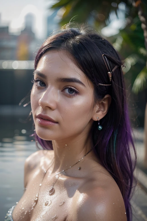 best quality,4k,8k,highres,masterpiece:1.2,ultra-detailed,realistic:1.37,colorful portraits,purple hair,beautiful eyes and lips,glowing skin,natural lighting,studio lighting,moisture on skin,detailed eyebrows,wet hair,shimmering highlights,vibrant colors,bokeh,expressive poses,artistic backgrounds,creative compositions,unique perspectives,fashion styles,modern trends,visual storytelling,captivating atmospheres,emotional connections,inspiring moments, surreal landscapes,abstract elements,sparkling water droplets,reflections on surfaces, ethereal aesthetics, effortless elegance,stylish fashion,instagrammable scenes,innovative concepts,creative photo editing,artistic filters,uplifting vibes,positive energy,memorable experiences.