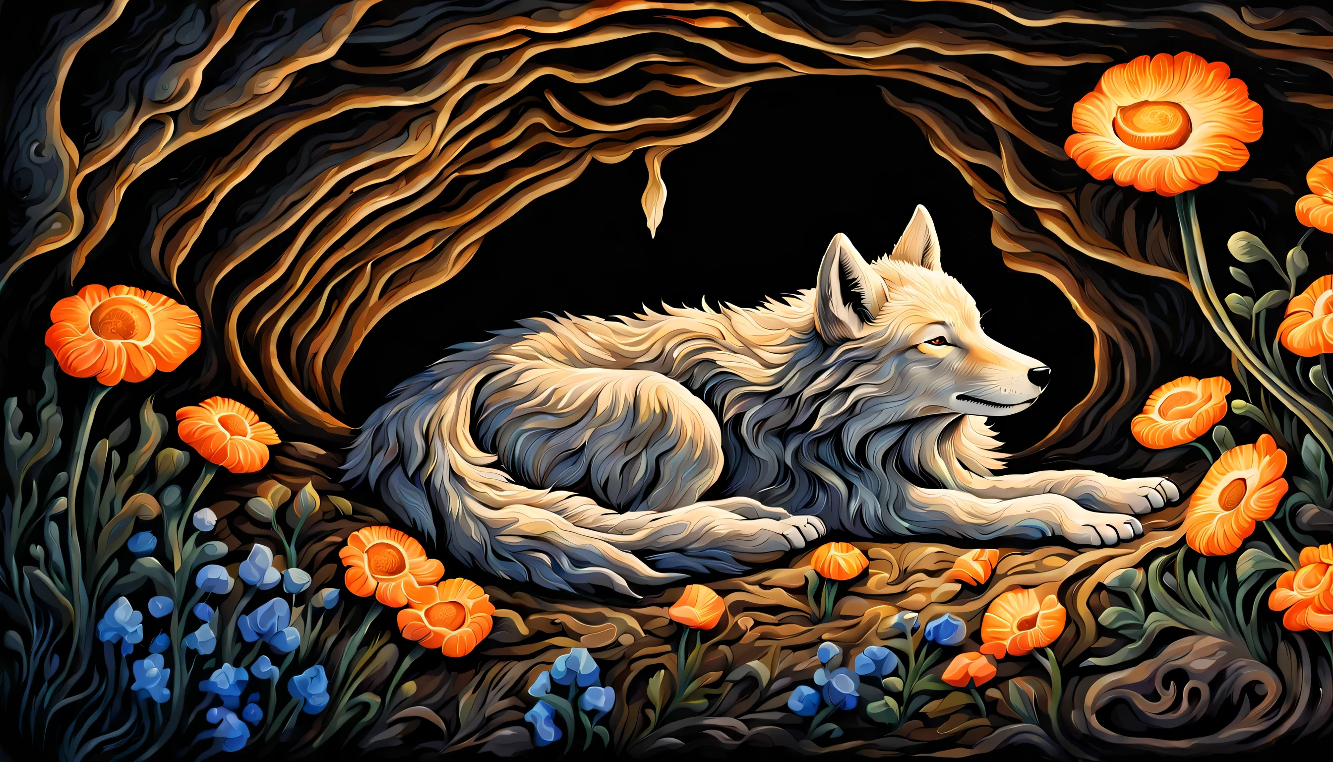 sleeping wolf cub, with a fascinating display, A complex and detailed gouache painting, A stunning depiction of the underground world in a dark fantasy style, Shining flowers that emit a beautiful glow々, Illuminates complex surroundings, Every brushstroke conveys a dark atmosphere, Immerse yourself in the epic depths of a hidden world, Attention to detail is evident, obvious delicate touch, Fascinating paintings evoke a sense of surprise and intrigue, fascinating mysterious scene, Fine brush strokes bring out the complexity, Fascinating image of an earthy cave ceiling, Amazing high contrast beauty, Unusual color contrast and beauty, Intricate detail quality, A fascinating underground world full of dark charm, Fine brush strokes, High resolution,