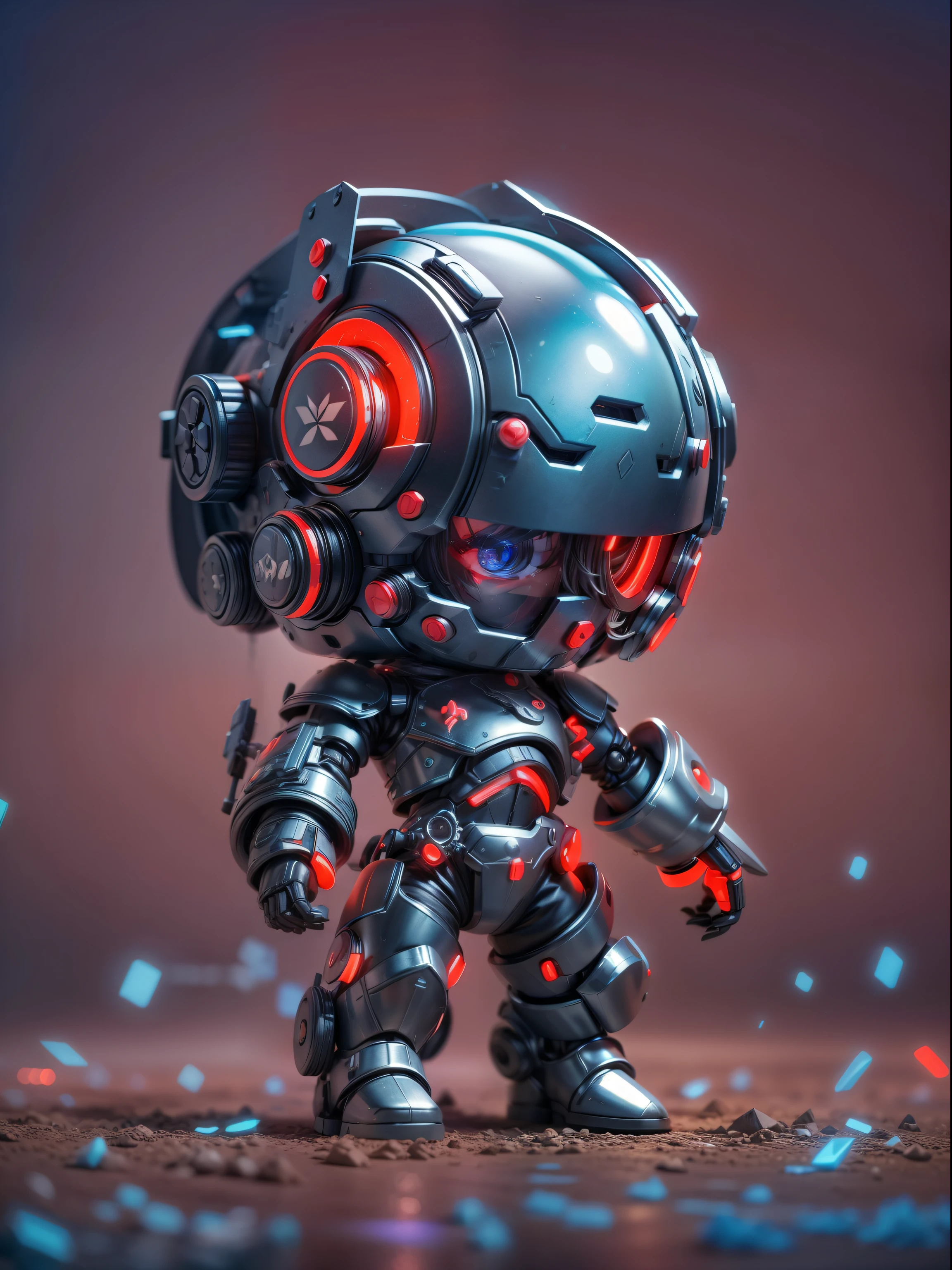 (Blind box toy style:1.2), (Full body shot) , 1 cute strong metal mage, Metal mech,Metal opaque helmet, cyber punk perssonage, dreamy glow, Clean, Black draft,red and blue style, ( Global illumination, Ray traching, hdr, unreal render,reasonable design, high detal, Masterpiece, Best quality, hyper HD, Cinematic lighting)