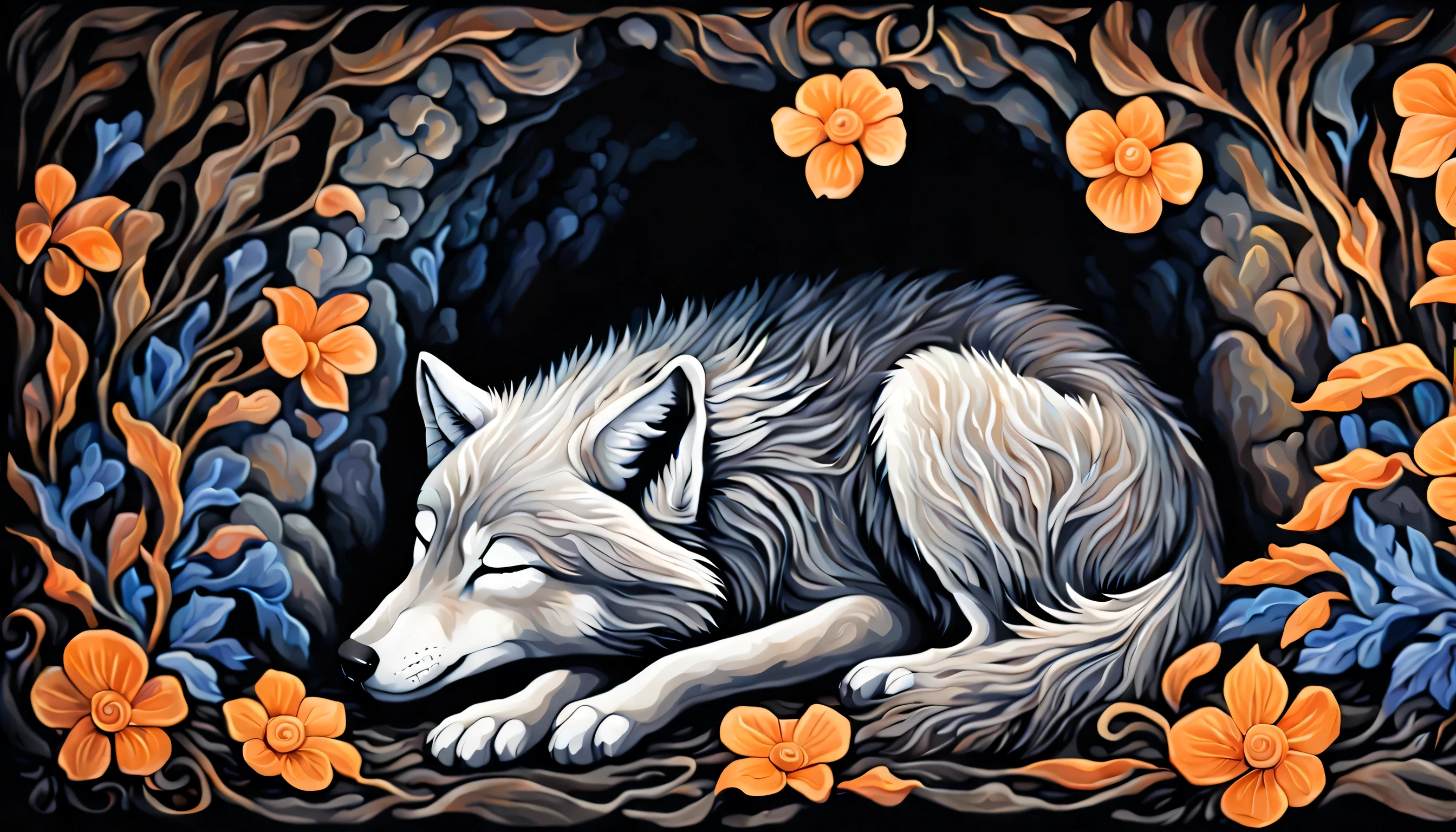 sleeping wolf cub, with a fascinating display, A complex and detailed gouache painting, A stunning depiction of the underground world in a dark fantasy style, Shining flowers that emit a beautiful glow々, Illuminates complex surroundings, Every brushstroke conveys a dark atmosphere, Immerse yourself in the epic depths of a hidden world, Attention to detail is evident, obvious delicate touch, Fascinating paintings evoke a sense of surprise and intrigue, fascinating mysterious scene, Fine brush strokes bring out the complexity, Fascinating image of an earthy cave ceiling, Amazing high contrast beauty, Unusual color contrast and beauty, Intricate detail quality, A fascinating underground world full of dark charm, Fine brush strokes, High resolution,
