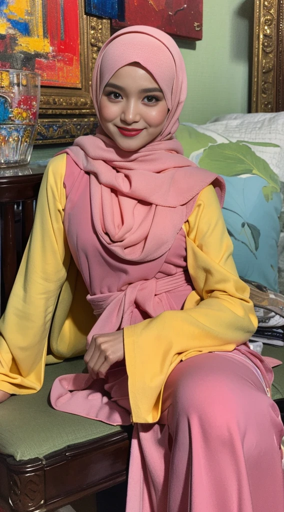 Produce a captivating oil painting of a pretty Malay girl. Envision her in baju kurung and hijab Elevate the artistic essence by placing her in an abstract background of visible smooth brush strokes, adding a touch of modernity to the painting. Ensure meticulous details capture her charm.