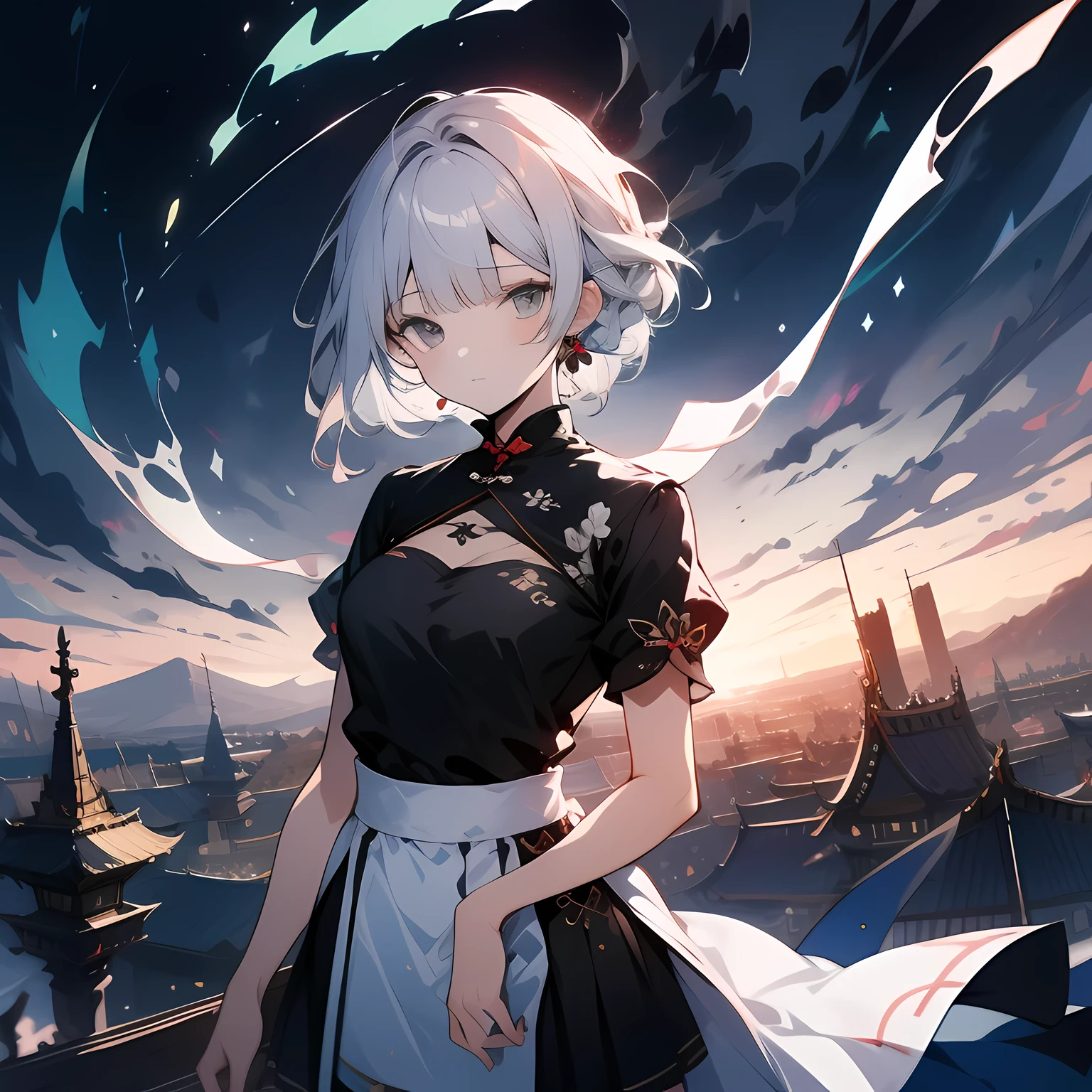 1 girl, Yingshi. Luigi (Azure Lane), Yingshianding, Upper body, skirt, silver skirt, (revealing clothes:1.3), landscape,, anirl, beYingshi quality, ultra high resolution,