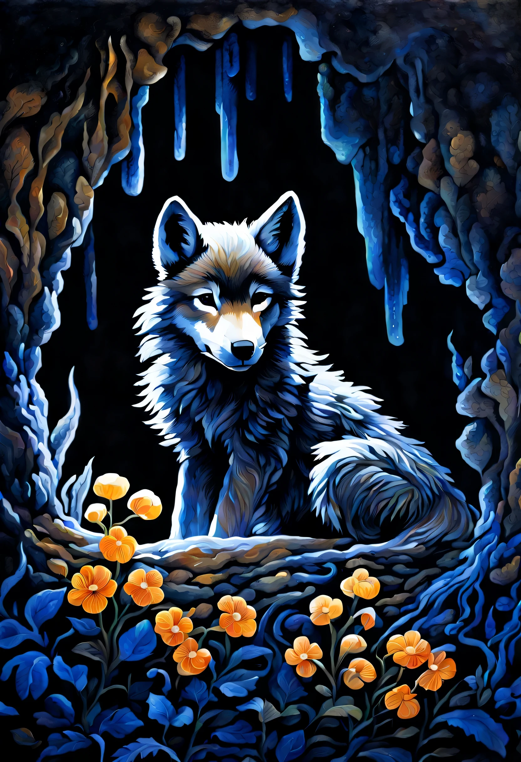 sleeping wolf cub, with a fascinating display, A complex and detailed gouache painting, A stunning depiction of the underground world in a dark fantasy style, Shining flowers that emit a beautiful glow々, Illuminates complex surroundings, Every brushstroke conveys a dark atmosphere, Immerse yourself in the epic depths of a hidden world, Attention to detail is evident, obvious delicate touch, Fascinating paintings evoke a sense of surprise and intrigue, fascinating mysterious scene, Fine brush strokes bring out the complexity, Fascinating image of an earthy cave ceiling, Amazing high contrast beauty, Unusual color contrast and beauty, Intricate detail quality, A fascinating underground world full of dark charm, Fine brush strokes, High resolution,
