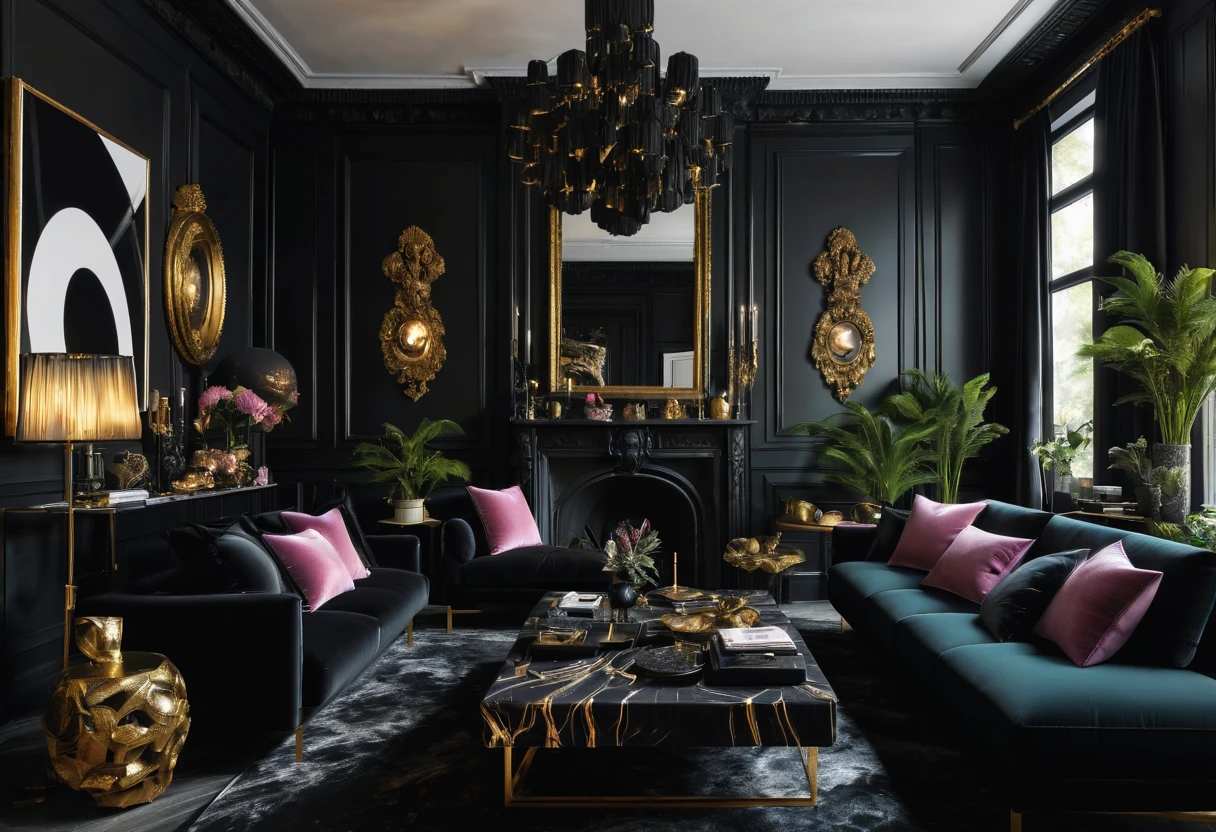 Generate a detailed description of a modern maximalist interior design concept for a living room, emphasizing a black-themed color palette. Incorporate smart home features seamlessly into the design, ensuring a balance between functionality and opulent aesthetics. Highlight furniture arrangements, decorative elements, and any innovative ideas to create a luxurious yet technologically advanced living space