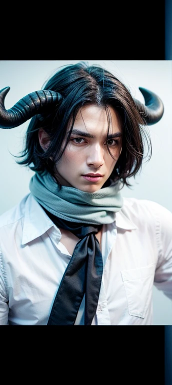 Man. Black hair. Black demon horns. Teal eyes. Light blue scarf. White shirt with slight blue on the sleeves. Black pants. Calm. Kind.