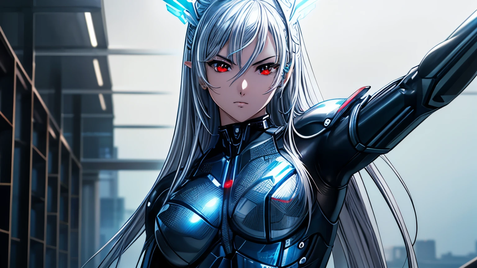 top-quality、​masterpiece、超A high resolution、(Photorealsitic:1.4)、1人、Light blue hair、Straight hair, shiny and clean hair、White shiny skin、Sexy Cyberpunk Girl、((super realistic details))、Shadow、octan render、ultrasharp、hyperdetailed face、Fiberglass、Luminous tube、highly intricate detail、Realistic light、CGSoation Trends、(red eyes with slit pupils)、(Facing the camera)、neon details、Mechanical vertebrae attached to the back、mechanical cervical attaching to neck、Wires and cables connecting to the head、((valkyrie))、((Beam Cannon))、Combat stance、((seductive pose:1.2))、full body、glaring、