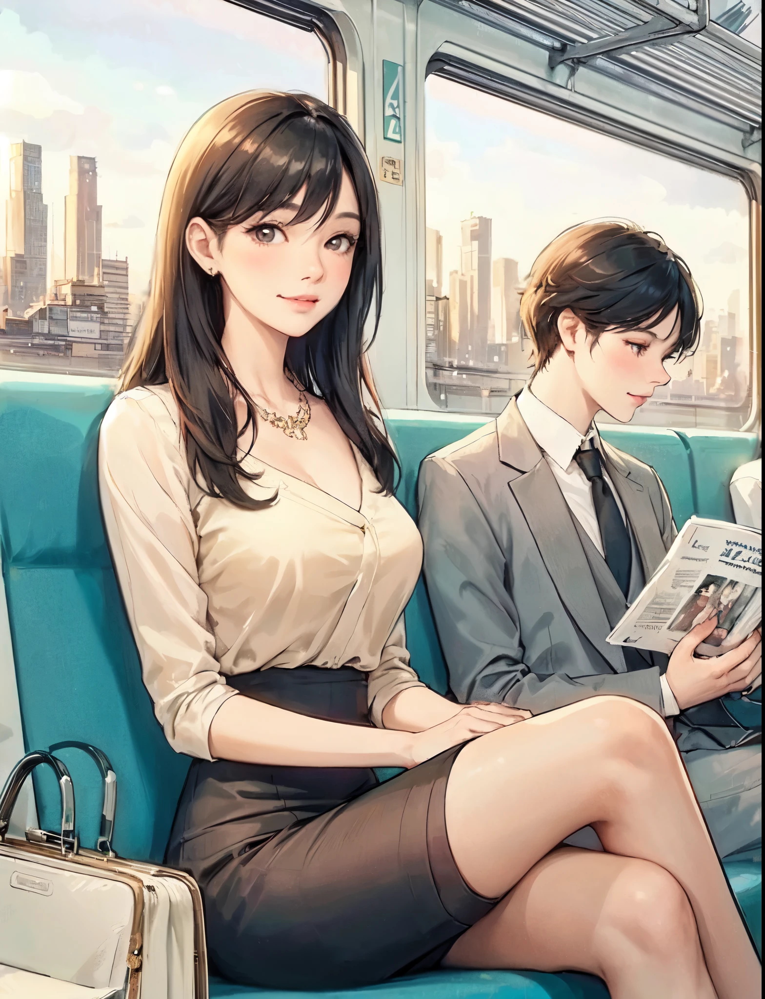 1lady solo, (sitting on train seat), (crossed legs), (stylish outfit), mature female, /(black hair/) bangs, blush light smile, (masterpiece best quality:1.2) delicate illustration ultra-detailed, large breasts BREAK (train indoors), window cityscape, detailed background