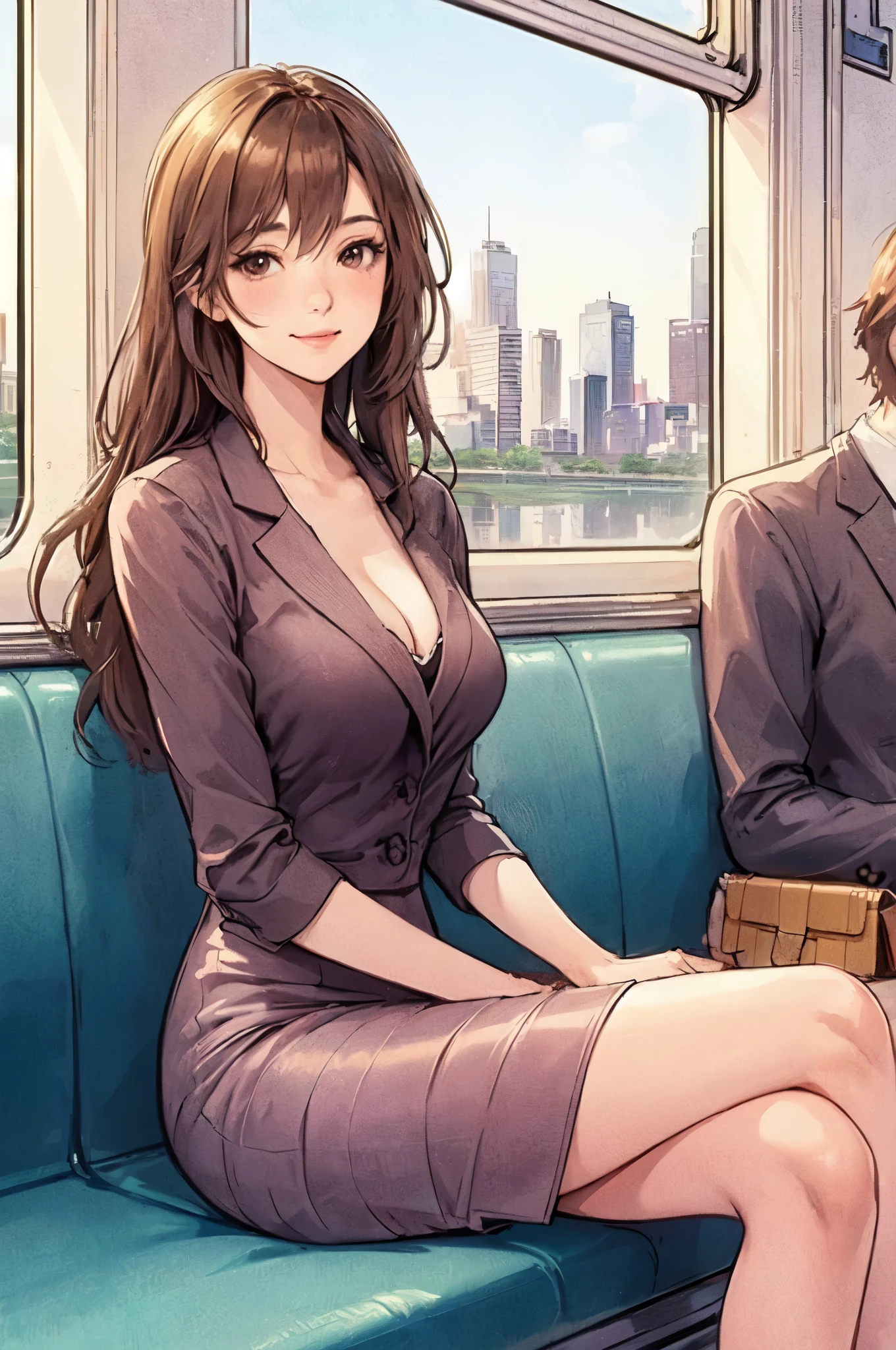 1lady solo, (sitting on train seat), (crossed legs), (stylish outfit), mature female, /(brown hair/) bangs, blush light smile, (masterpiece best quality:1.2) delicate illustration ultra-detailed, large breasts BREAK (train indoors), window cityscape, detailed background