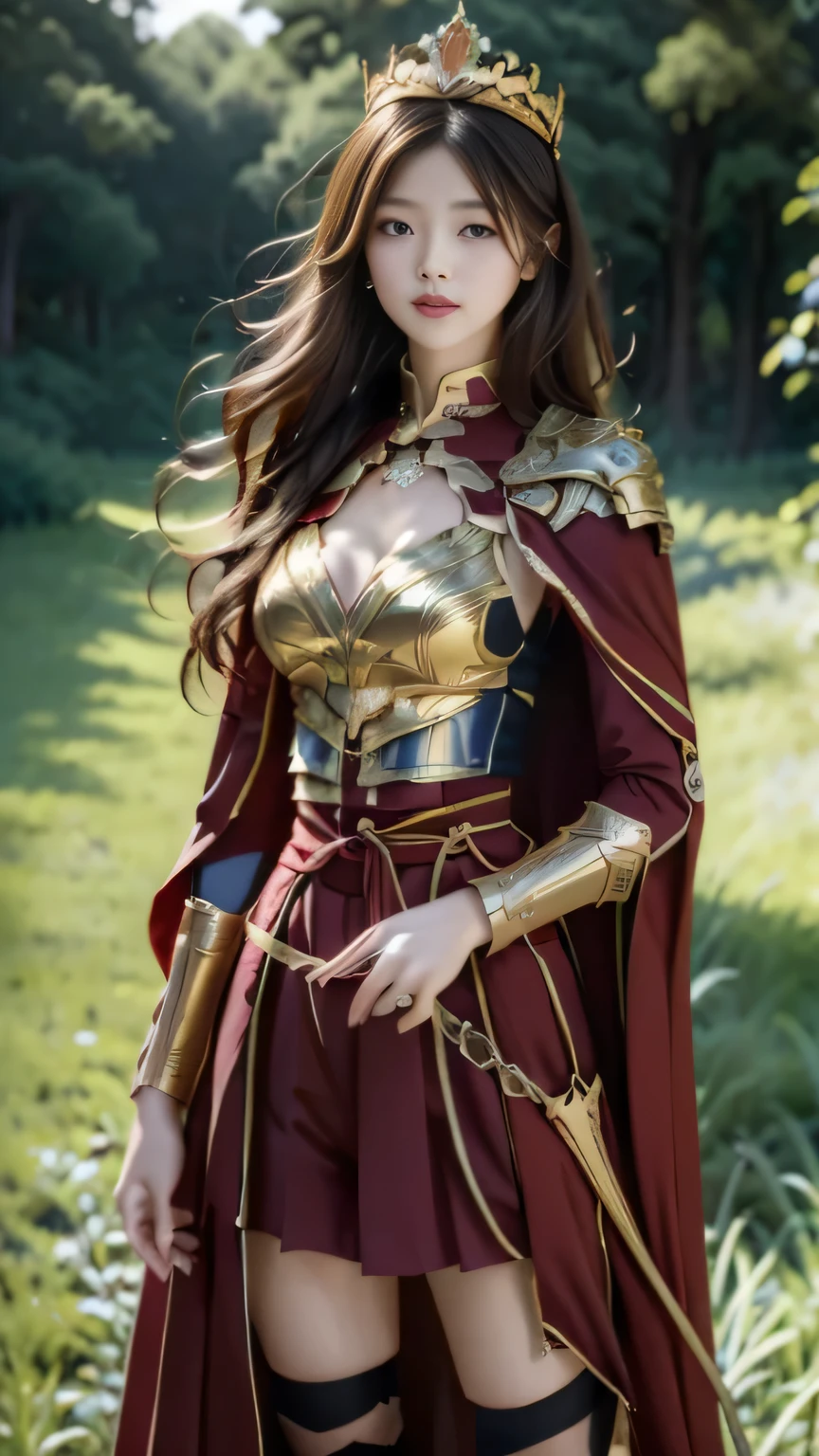 Chinese female general，Detail the eyes，Maroon Hu suit lining，Crimson cape，metal pauldron，Gold cuirass，Full and erect breasts，golden helmet，battlefield background，Majestic half-length photo，Warring States Period hair crown，wilderness background（grassland background）