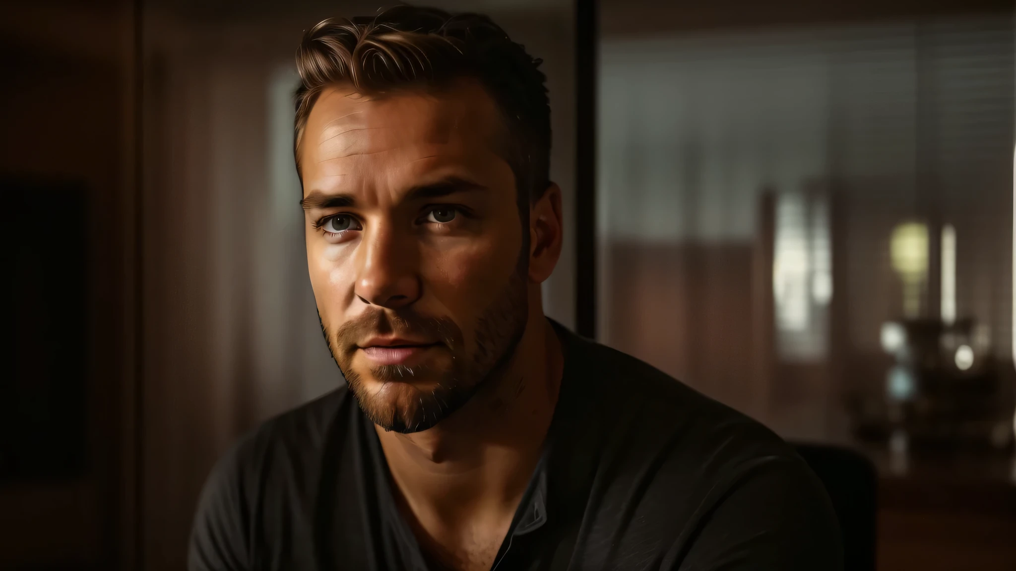 there is a man sitting in a room with a glass door, smug smirk, cinematic close-up bust shot, intense look, clay wilson, smug look, looking menacing, shot from cinematic, looking to his side, shot from movie, cinematic close shot, intense gaze, self - satisfied smirk, looking to his left, 30 year old man