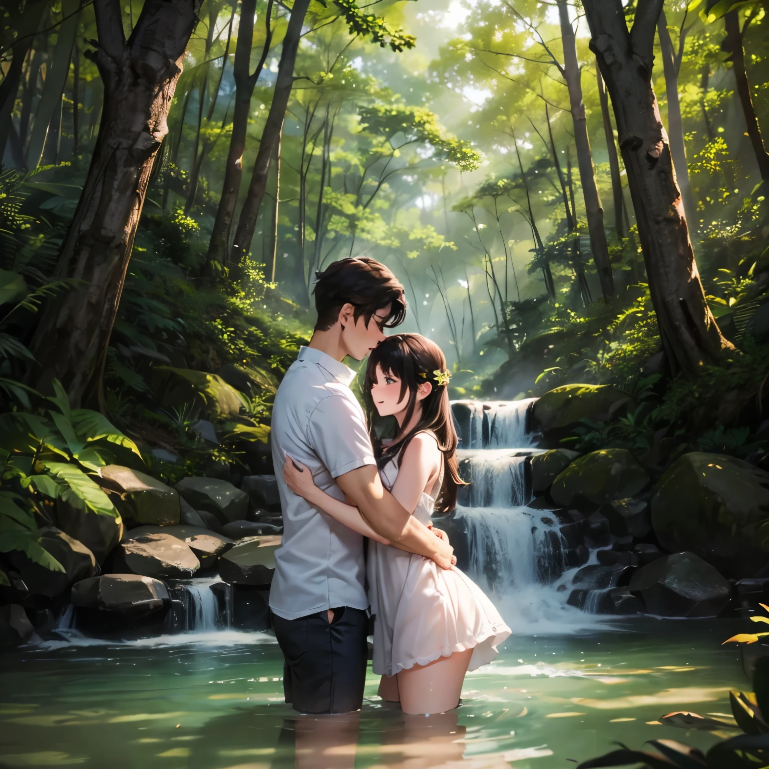 Couple sex, natural light, big forest, stream 