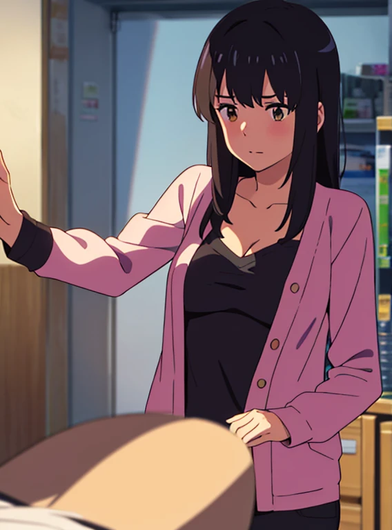 shinkai makoto, kimi no na wa., 1boy, buzzcut,office suit, boy caressing girl's body, passionate hug, boy is hugging from behind, 1girl, bangs, black hair, brown eyes, Twisted Half Up, red ribbon, long hair, long sleeve light pink cardigan, open shirt, yellow shirt, cleavage, breast, medium breast, storage room, indoors, masterpiece, perfect anatomy, cowboyshot