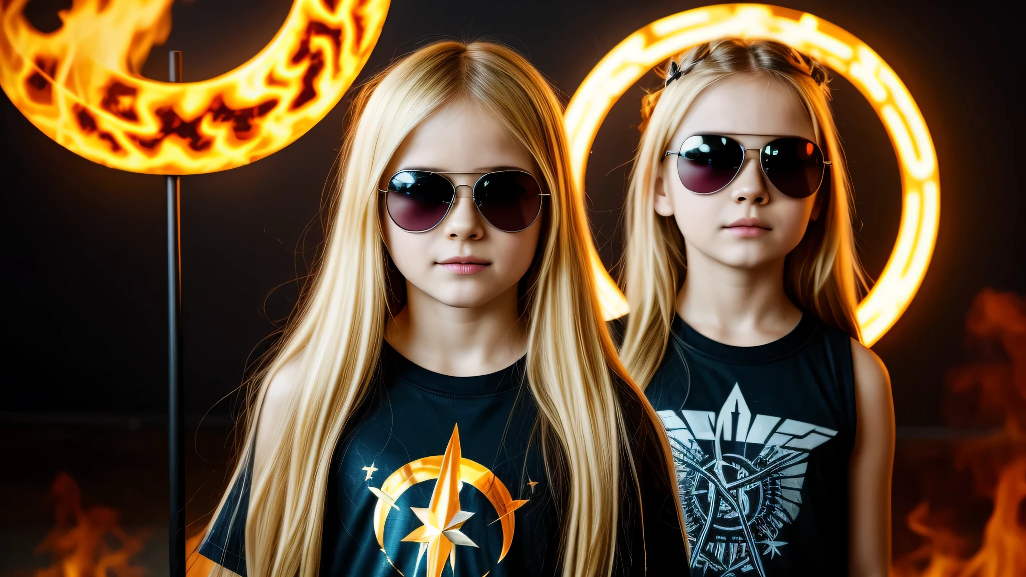 image of a kids girls blonde with sunglasses and a sign, halo on fire, heavy metal band promo,