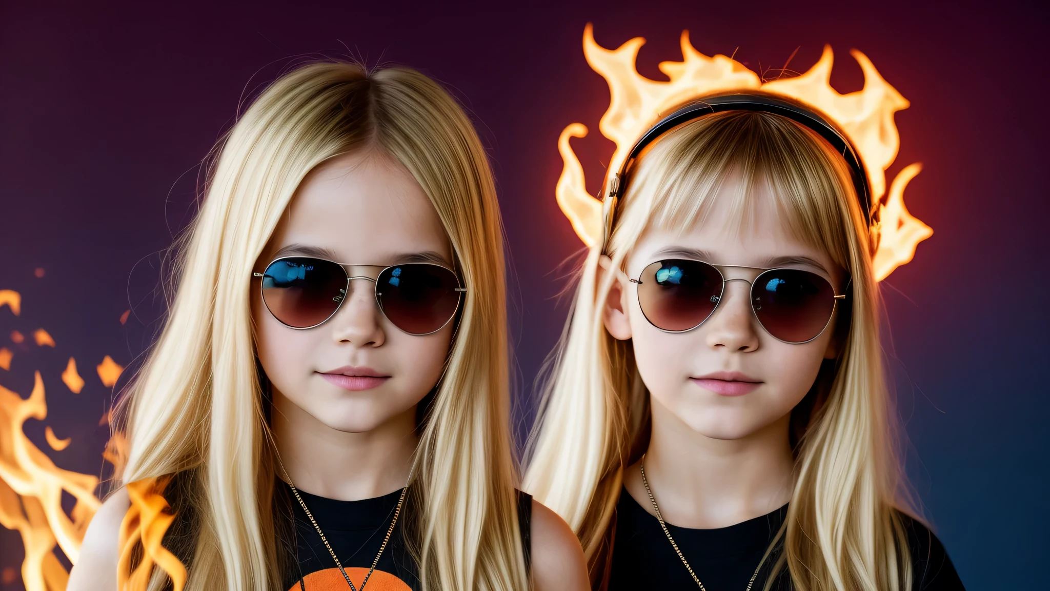 image of a kids girls blonde with sunglasses and a sign, halo on fire, heavy metal band promo,