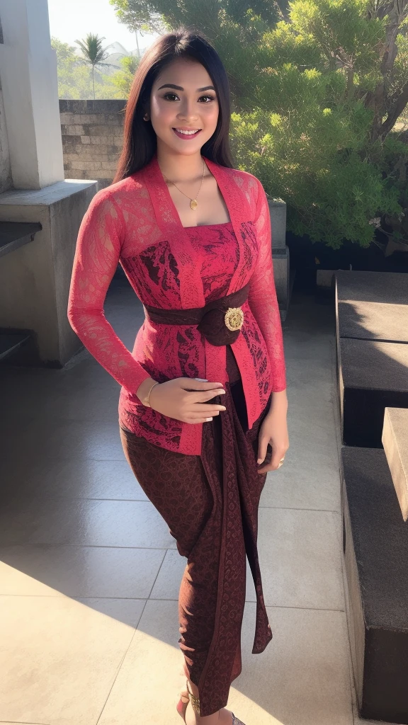 (Best quality, high resolution, Masterpiece: 1.3), a beautiful woman with a slender figure, (dark brown layered hairstyle), wearing a pendant, ((kebaya_bali)) outdoors, scenic beauty, lakes and mountains in distant background, details in face and skin texture beautifully rendered, details eyes, (best quality, high resolution, masterpiece: 1.3), a beautiful woman with a slim figure, (dark brown layered hairstyle),((kebaya_bali)), outdoors, background random, details in face and skin texture beautifully rendered, detail eyes, double eyelids, seductive laugh, feminine laugh, seductive pose