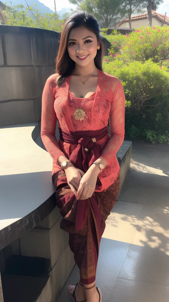 (Best quality, high resolution, Masterpiece: 1.3), a beautiful woman with a slender figure, (dark brown layered hairstyle), wearing a pendant, ((kebaya_bali)) outdoors, scenic beauty, lakes and mountains in distant background, details in face and skin texture beautifully rendered, details eyes, (best quality, high resolution, masterpiece: 1.3), a beautiful woman with a slim figure, (dark brown layered hairstyle),((kebaya_bali)), outdoors, background random, details in face and skin texture beautifully rendered, detail eyes, double eyelids, seductive laugh, feminine laugh, seductive pose