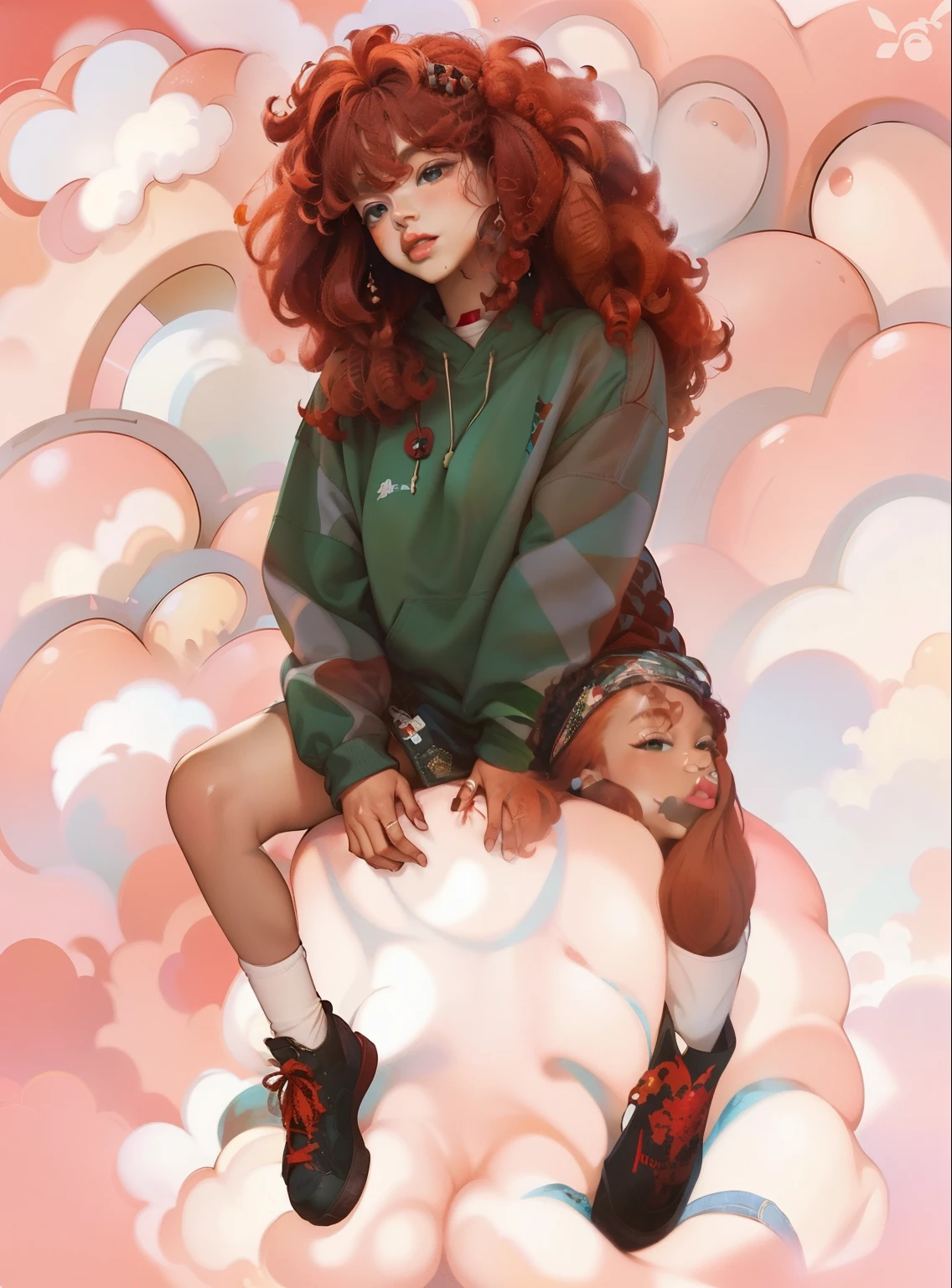 there is an African woman with red hair sitting on a cloud, sza, with curly red hair, sitting in a fluffy cloud, black girl ,clouds, red curly hair, red haired goddess, curly red hair, red afro, curly copper colored hair, she is wearing streetwear, color portrait, big red afro, cloud goddess, with red hair, red haired girl