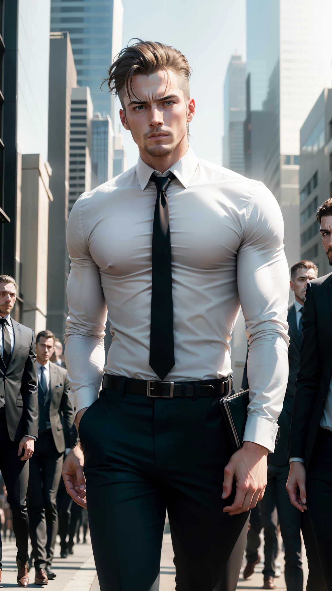 A mature male,solo,musculous,Large pectoral muscles,Cocked buttocks,The legs are muscular,Developed buttocks,Well-developed chest,broad shoulder,Thick-breasted,The shirt buttons are open,skinny pants,The tie is loose,Smooth skin,Get wet,short detailed hair,green-eyed,Stand across positions,Fold your hands to your chest,Huge crotch bulge,Raise your head,Full body like,Ultra-low viewing angle overhead shot,Day wind