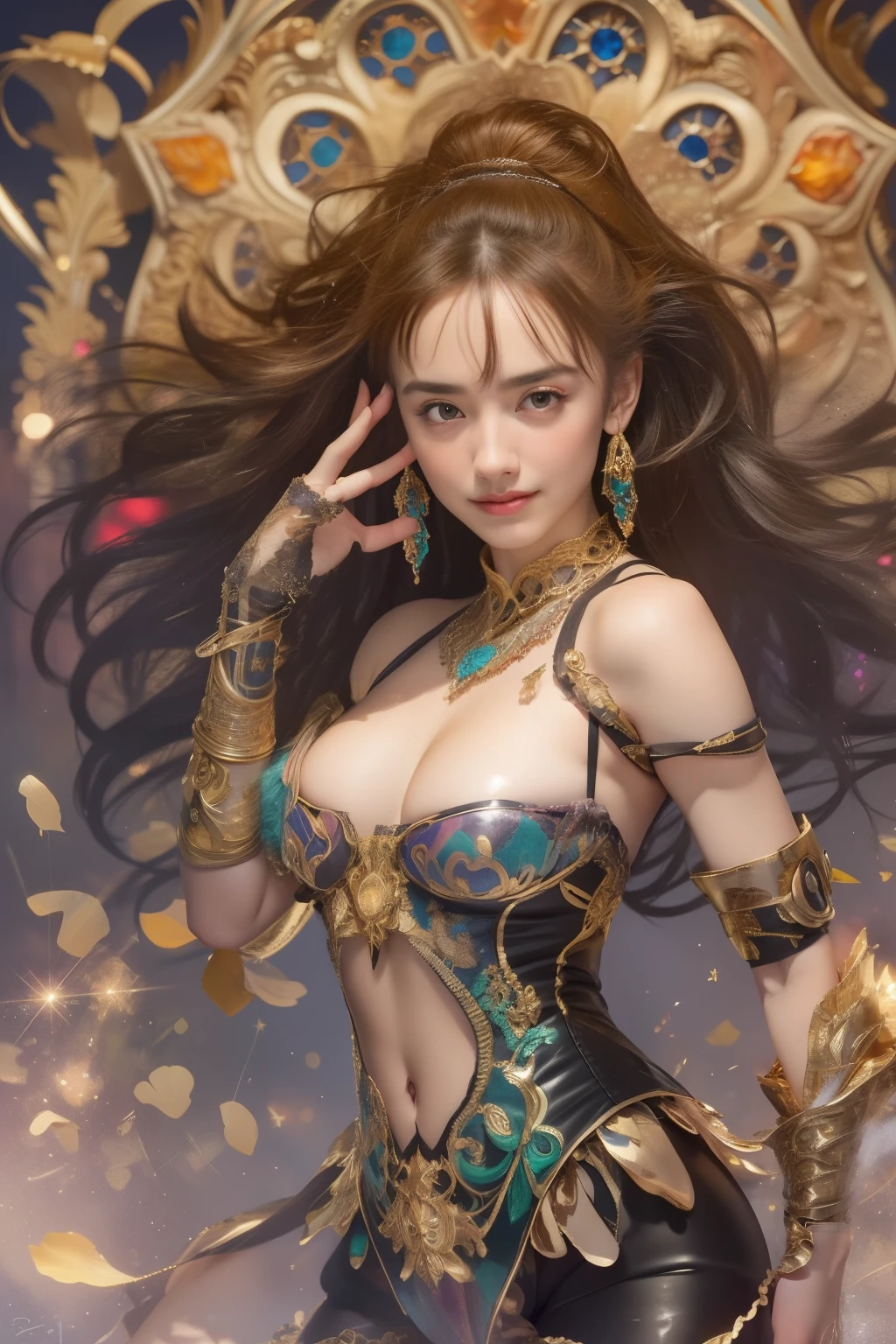 (Detailed iridescent bodysuit with beautiful fractal or marble design:1.5), (Beautiful and d delicate ruby, topaz, emerald and sapphire jewelry:1.6), Complex and colorful biomechanical bodysuit, Zentangle, mandalas, Entangled, Vulgarity, beutiful breast, (Open legs:1.4), obscenity, (Lewd smile:1.2), coarse, Obscene, mean, (raunchy:1.2), (Immoral:1.2), Lachish, (small breasts with beautiful raised areolas:1.5), (Cameltoe), (Expression of ecstasy:1.2), Photorealistic, Official art, Unity 8k wallpapr, 8K Portrait, Best Quality, Very high resolution, (Incredibly beautiful nature background:1.6), One girl, One beautiful age italian girl, (18 years old:1.3), (Sexy and glamorous:1.1), (A coquettish expression:1.6), (seductively smiling:1.2), (Full body), (erotic posing:1.5), (Magic Attack Pose:1.6),(magical effects like sparkles or energy:1.6), (Electric shock from hands:1.6), Beautiful seductive face, Portrait, (Thick eyebrows:1.2), (Big purple eyes:1.2), Beautiful eyes with fine symmetry, (Ultra detailed eyes:1.4), (High resolution eyes:1.1), Intimate face, (ultra detailed skin texture:1.4), White skin, pale skin, Perfect Anatomy, Thin, (Beautiful toned body:1.1), Hair Bow, (Moist skin:1.1), full of sweat, No makeup, dark circles, Good anatomy, Focus Face, good-looking, (Emilia Clark:0.6) (Emma watson:0.3),(Jennifer Connelly:0.4), (sensual face:1.5), Elegant face, Nice, Dolce, Cyberpunk Sci-Fi, (Gauntlets with intricate and beautiful designs:1.2), Blurred background, Blurred foreground, depth of fields, (Motion Blur:1.1), (Small breasts:1.2), Sheer breast, (beautiful boob:1.2), (NSFW:1.2), large hips, drivel, Juice stain, grabbing on breasts, (Slim and toned body:1.5), (Low-cut punk medieval armor:1.2), (Bright chrome gold lingerie with sharp reflections:1.2) (Pedras preciosas:1.2), full of sweat, Wetty