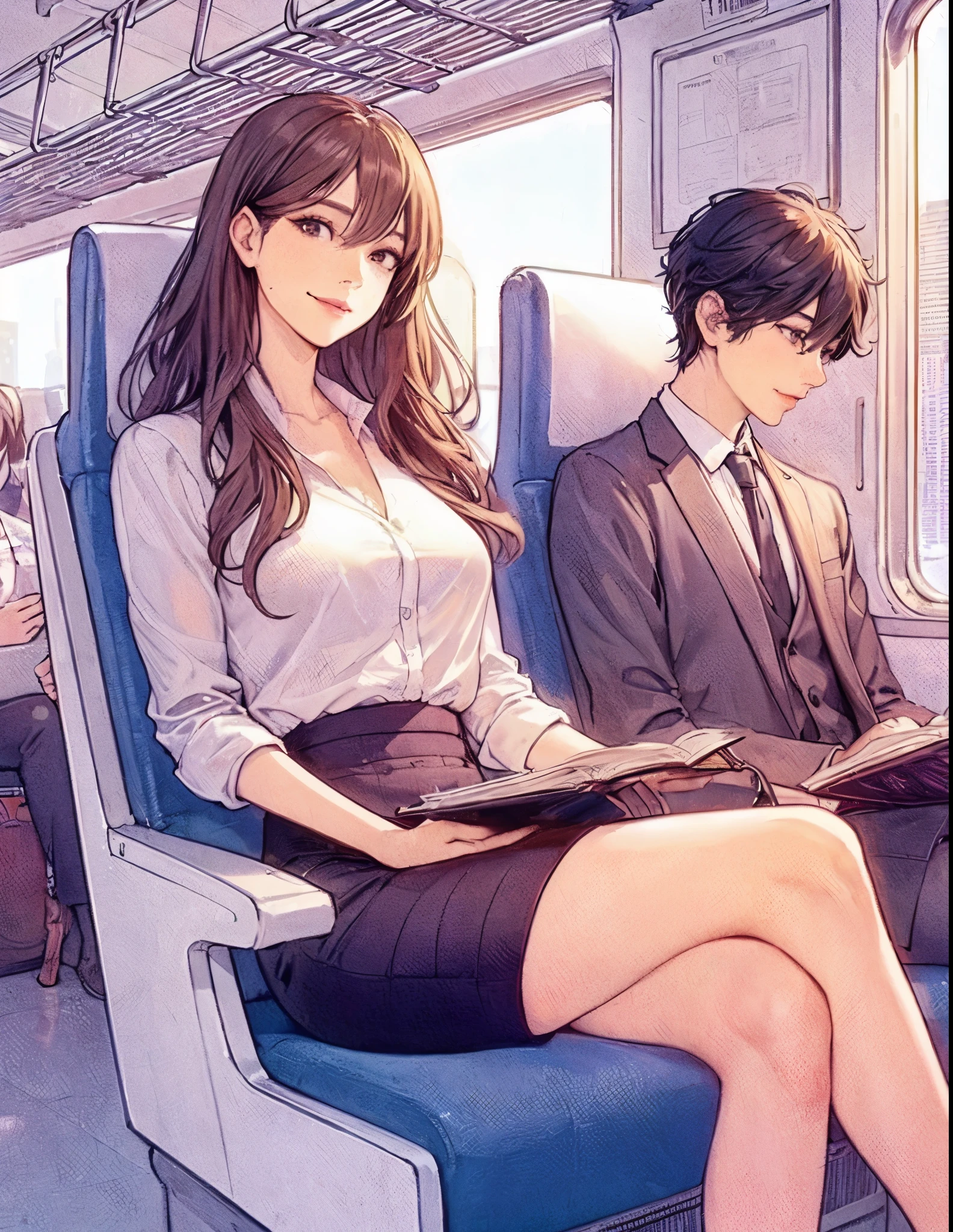 1lady solo, (sitting on train seat), (crossed legs), (stylish outfit), mature female, /(dark brown hair/) bangs, light smile, (masterpiece best quality:1.2) delicate illustration ultra-detailed, large breasts BREAK (reading magazine) BREAK (train indoors), window cityscape, detailed background