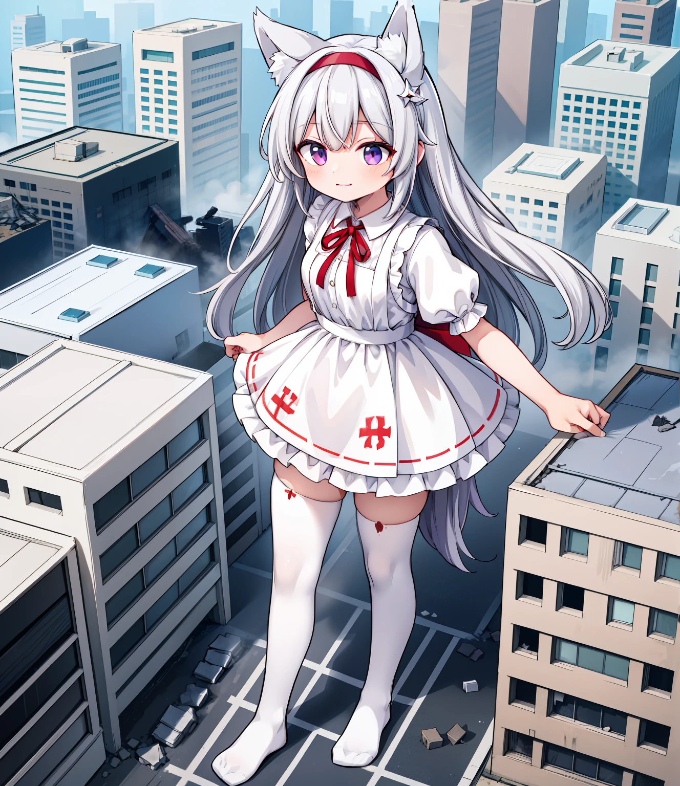 masterpiece, best quality, highres, sumire1, hairband, long white hair, wolf ears,  solo, white thighhighs, school uniform, red ribbon, neck ribbon, grey dress, blunt bangs, pinafore dress, white shirt, short sleeves, collared shirt, medium breasts, no shoes, sun rays, flare lens,park,
in a destroyed city, (GTS), macro, aerial view, from_above, ((rampage)), ((destruction)), giantess, (highres), absurdres, best quality, ((full_body:1.3)), footprints, facing_viewer, wide_shot, tiny buildings along the bottom of frame, blood soaked soles, bloodstains, smirk, smug, crushing, explosion, military vehicle,  standing