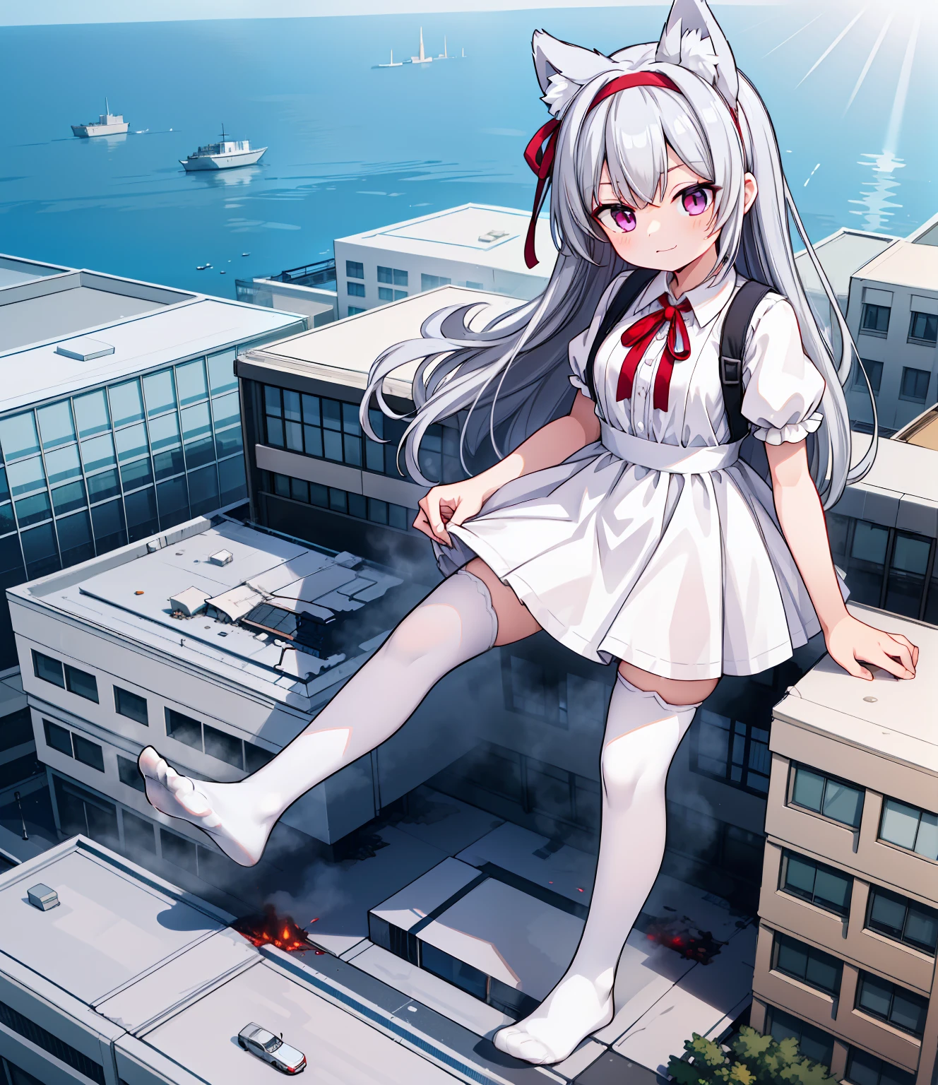 masterpiece, best quality, highres, sumire1, hairband, long white hair, wolf ears, solo, white thighhighs, school uniform, red ribbon, neck ribbon, grey dress, blunt bangs, pinafore dress, white shirt, short sleeves, collared shirt, medium breasts, no shoes, sun rays, flare lens,park,
in a destroyed city, (GTS), macro, aerial view, from_above, ((rampage)), ((destruction)), giantess, (highres), absurdres, best quality, ((full_body:1.3)), footprints, facing_viewer, wide_shot, tiny buildings along the bottom of frame, blood soaked soles, bloodstains, smirk, smug, crushing, explosion, military vehicle, standing