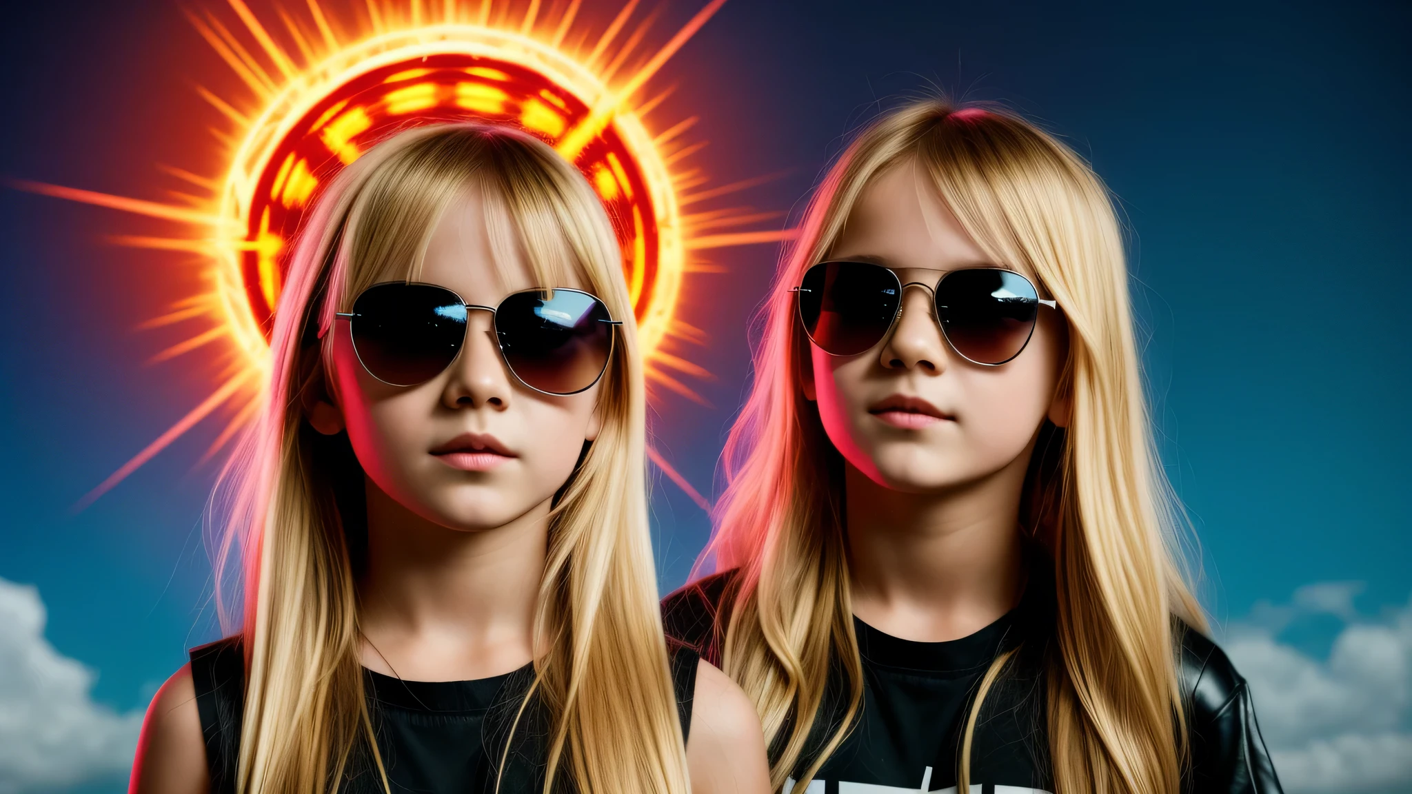 image of a kids girls blonde with sunglasses and a sign, halo on fire, heavy metal band promo,