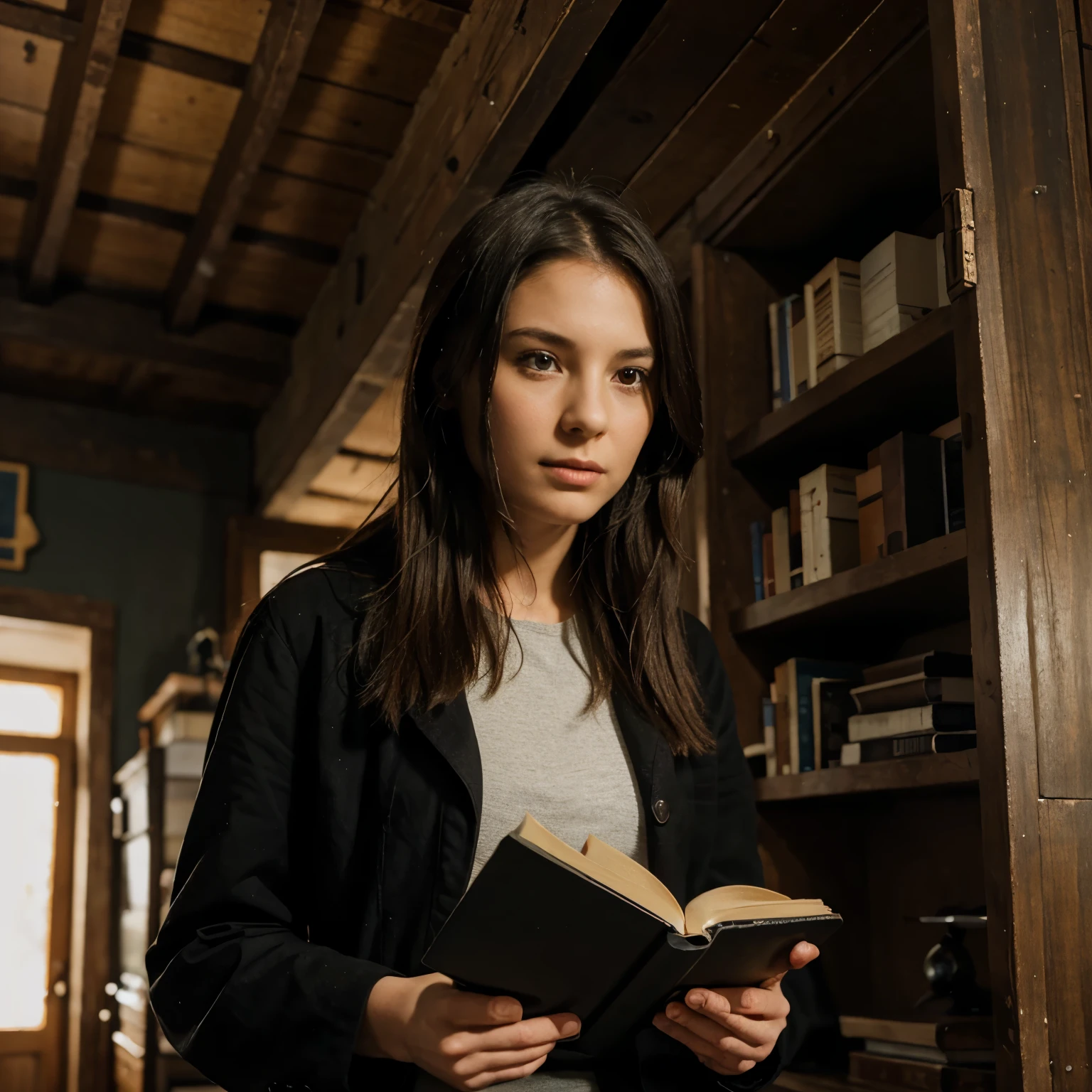 Girl in an old house ,reading a black book about science fiction.