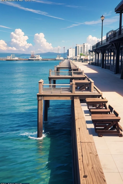 There are many tables and chairs on the pier by the water, Screenshots from animated movies, Screenshots from the 2012 animation, Animation movie screenshots, in animated movies, opening scene, Today's featured anime stills, Kuro anime screenshots, (attack on titan animation), the last exile anime, anime scene, Still from TV animation, Different world