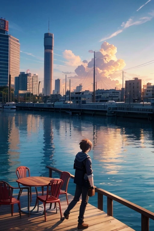on the waterfront, at a dock, with many tables and chairs, a screenshot from an animated movie, a screenshot from an animated movie in 2012, a screenshot from an anime movie, in an animated movie, an opening scene, selected anime stills today, a screenshot from the anime "Kuroko no Basuke", (Attack on Titan Anime), The Last Exile anime, a scene from an anime movie, still from a TV anime, in a different world