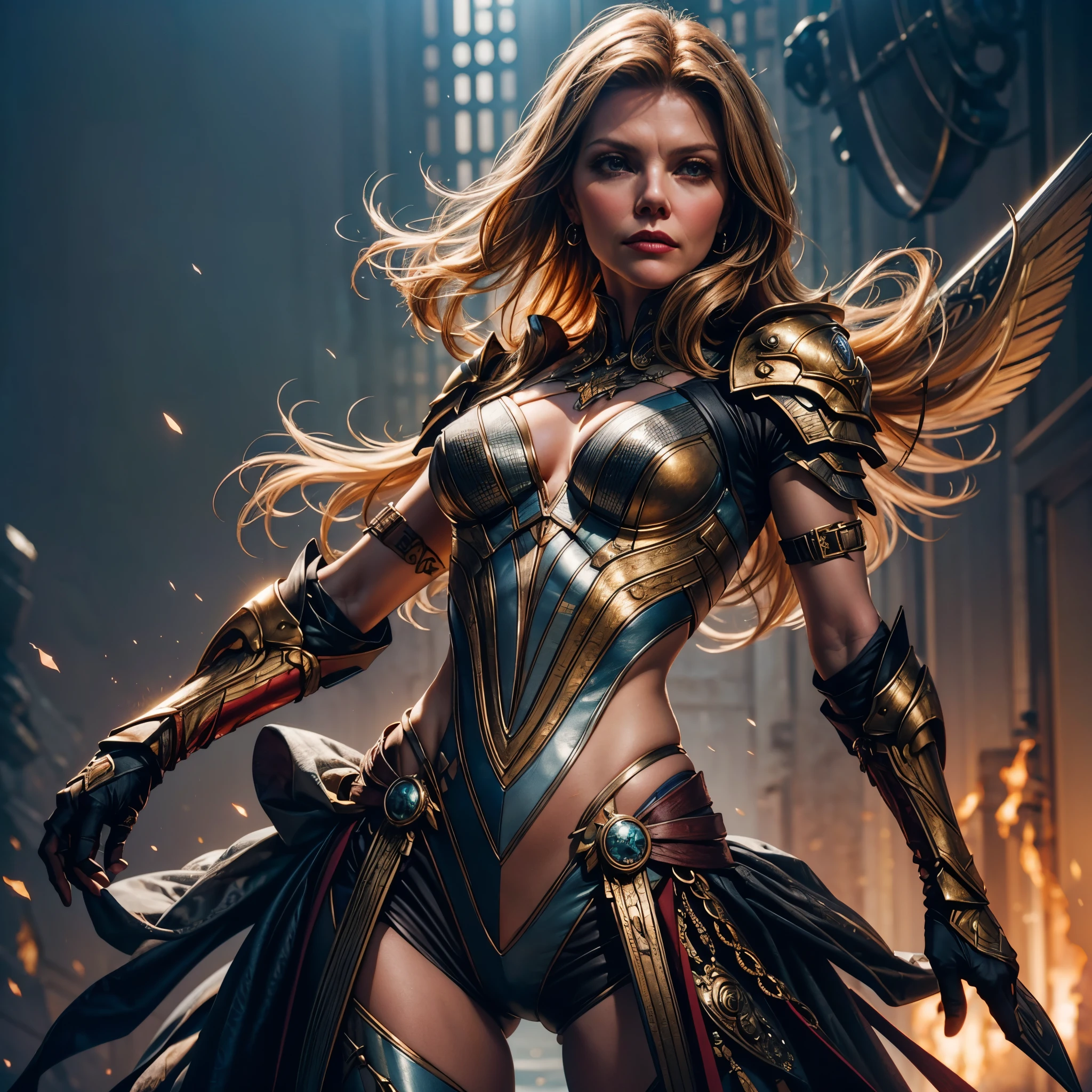 Epic Beautiful painting of Michelle Pfeiffer as perfect gorgeous female warrior, shapeless long fullbody, perfect features, (wearing extremely baroque armor Chainmail_Armor), abstract beauty, near perfection, pure form, dynamic pose, ethereal background, (deep dark shadows), (strong cinematic lighting), (back lighting), concept art by Greg Rutkowski and John William Waterhouse and Alphonse Mucha, stunning details, intricate details, hyper post-production, ultra High resolution, super high details, trending on ArtStation, ultra sharp focus, depth of field f/1.8, studio photos, (((looking at camera))). varies multi etc. --v 6 --s 1000 --c 20 --q 20 --chaos 100