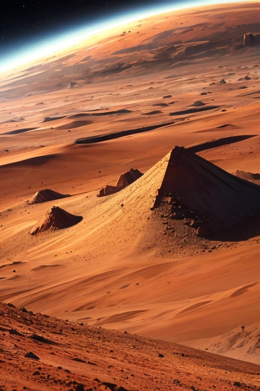 There is a painting of a dirt road,There is a cow in the middle, Red, ground very detailed, mars landscape, Battle of Geonosis, ground detailed, Mars sand background, mars as background, mars landscape, bloody battlefield background, wide angle establishing shot, background sharp earth, 俯瞰mars landscape, Flat wasteland landscape, A piece of scorched earth