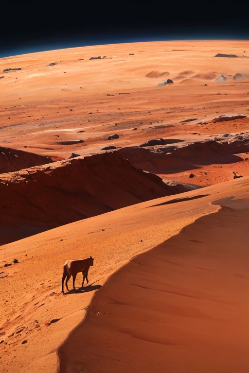 There is a painting of a dirt road,There is a cow in the middle, Red, ground very detailed, mars landscape, Battle of Geonosis, ground detailed, Mars sand background, mars as background, mars landscape, bloody battlefield background, wide angle establishing shot, background sharp earth, 俯瞰mars landscape, Flat wasteland landscape, A piece of scorched earth