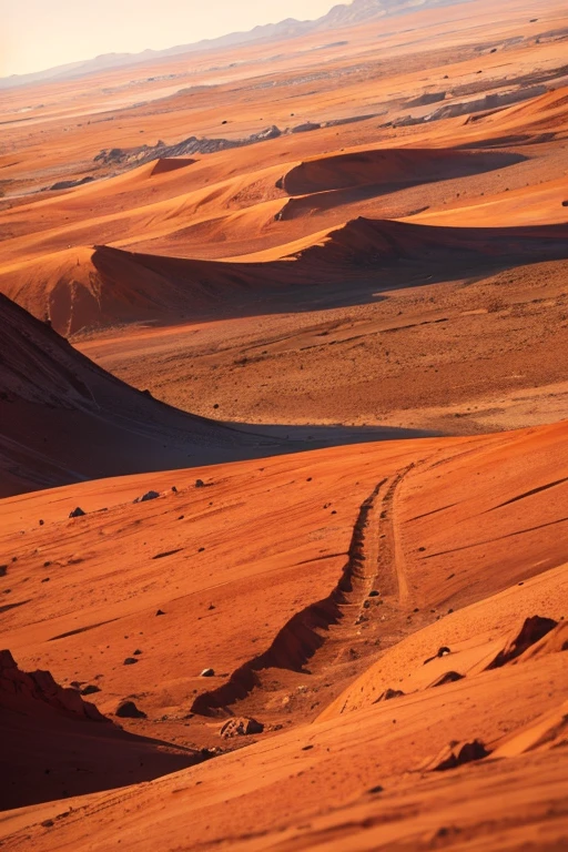 There is a painting of a dirt road,There is a cow in the middle, Red, ground very detailed, mars landscape, Battle of Geonosis, ground detailed, Mars sand background, mars as background, mars landscape, bloody battlefield background, wide angle establishing shot, background sharp earth, 俯瞰mars landscape, Flat wasteland landscape, A piece of scorched earth
