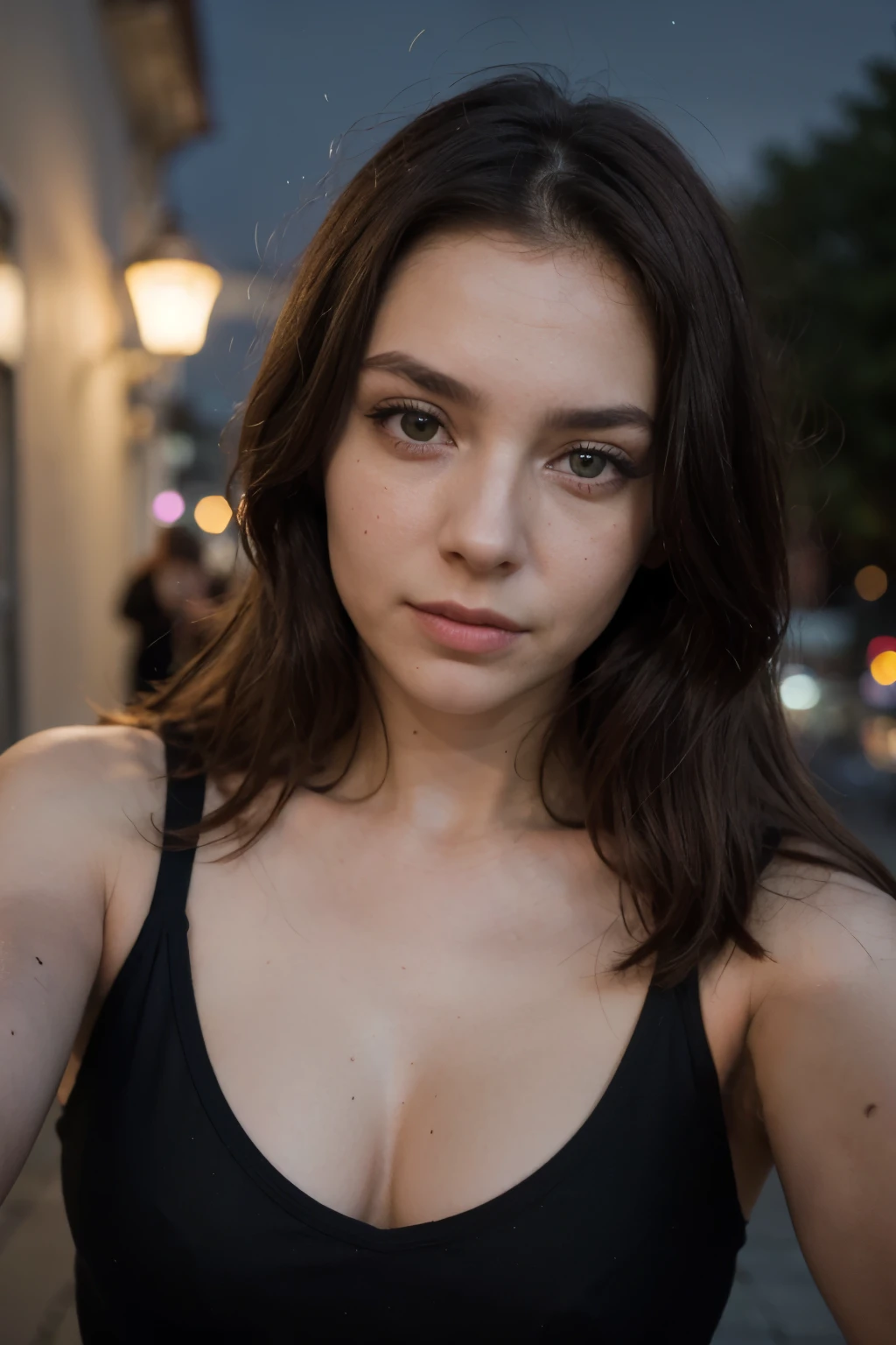 (Selfie, Plan: 1.4), (Right half of the body: 1.4) RAW UHD portrait photo of a 24-year-old Brunette (Femme aux yeux Blues), specifics (Tissu!, Cheveux!, Briller, Couleur!!, disadvantages: 1.1), Bright e yes with a high level of detail (staring into the camera), SLR lighting, ultra quality, re sharpness, , filmkorn (Milieu), Fujifilm XT3, beau visage, street lamp, Bokeh (dimly lit), Nuit, (Ciel nocturne), Detailed skin pores, complex eyes, Details, beautiful long ash brown hair, sexy top


