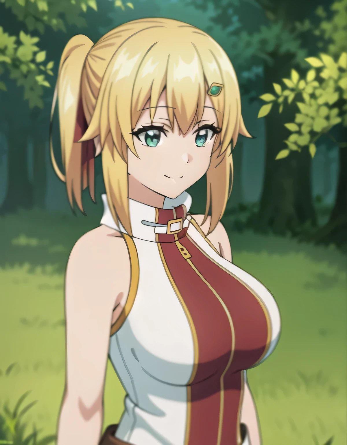 super detailed,emma&#39;s brightness,blonde hair, smile,green eyes,one-sided ponytail, looking at the viewer, hair ornaments,hair ribbon, No sleeve, bare shoulders,(big breasts:1.5),looking at the viewer,Are standing,(((masterpiece))),((highest quality)),perfect anatomy,8K UHD,highly detailed face,luster and luster,((1 girl)),((alone)),perfect image,(Upper body:1.1),(look ahead:1.1),turn your arms behind your back,slim waist,(shiny hair),