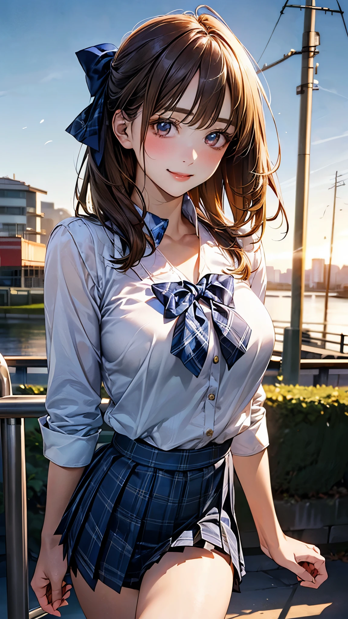 (masterpiece:1.2, top-quality), (realistic, photorealistic:1.4), beautiful illustration, (natural side lighting, movie lighting),
looking at viewer, cowboy shot, front view, 1 girl, japanese, high school girl, perfect face, cute and symmetrical face, shiny skin,
(middle hair:1.2, two side up:1.2, light brown hair), gold eyes, (large breasts:0.6, seductive thighs),
beautiful hair, beautiful face, beautiful detailed eyes, beautiful clavicle, beautiful body, beautiful chest, beautiful thigh, beautiful legs, beautiful fingers,
((white blouse shirt, navy pleated skirt, blue plaid bow tie), hair ribbon),
(beautiful scenery), evening, riverside, walking, (lovely smile, upper eyes),