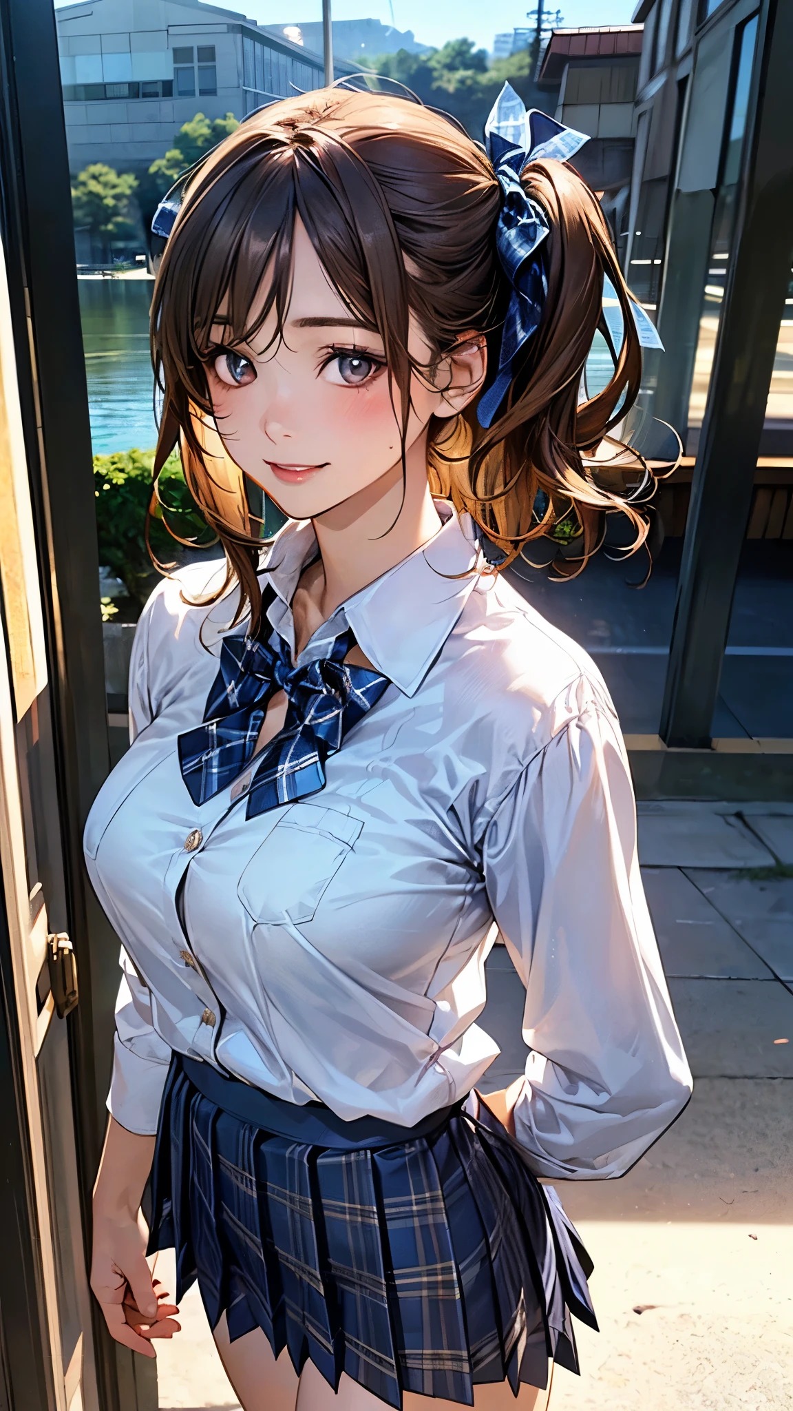 (masterpiece:1.2, top-quality), (realistic, photorealistic:1.4), beautiful illustration, (natural side lighting, movie lighting),
looking at viewer, cowboy shot, front view, 1 girl, japanese, high school girl, perfect face, cute and symmetrical face, shiny skin,
(middle hair:1.2, two side up:1.2, light brown hair), gold eyes, (large breasts:0.6, seductive thighs),
beautiful hair, beautiful face, beautiful detailed eyes, beautiful clavicle, beautiful body, beautiful chest, beautiful thigh, beautiful legs, beautiful fingers,
((white blouse shirt, navy pleated skirt, blue plaid bow tie), hair ribbon),
(beautiful scenery), evening, riverside, walking, (lovely smile, upper eyes),
