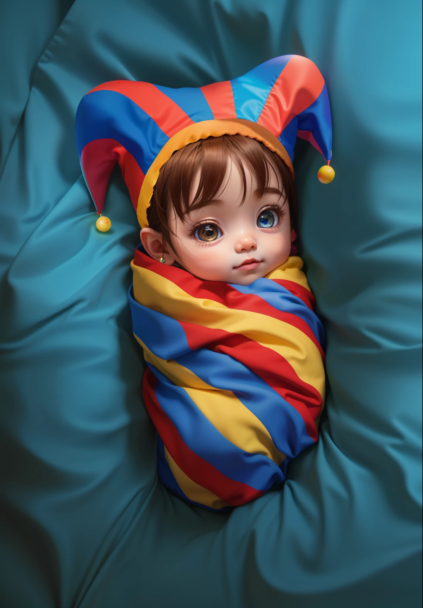 chibi  girl with big eyes wrapped in a clown hat laying on a blue blanket, adorable digital painting, cute 3 d render, cute digital art, cute detailed digital art,  reflective, best quality, 4k, masterpiece:1.2, ultra-detailed, realistic, vivid colors, dark and moody lighting, The image of the highest quality, ensuring every detail showcased perfectly. It in 4k resolution, allowing viewers to immerse themselves in the richness of the colors and intricate details. The realistic rendering. under the spotlight, reflecting, high-resolution image, realistic rendering, dark background, and rim light