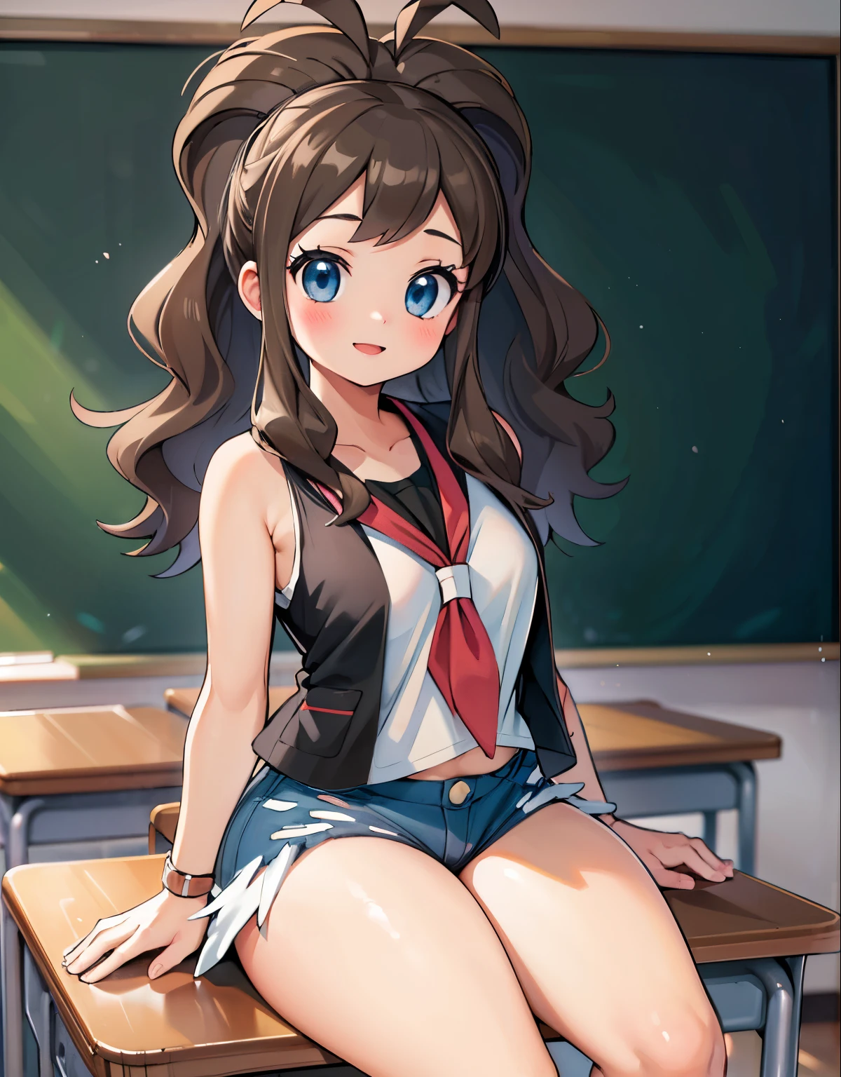 (best quality, highres, masterpiece:1.2), ultra-detailed, realistic:1.37, sketches, hilda pokemon, def1, teenage girl, sitting on her knees, curvy, visible thighs, chubby thighs, thick thighs, thighs in the foreground, body shape, classroom, curious look, pokeballs, smile, students around, los estudiantes están mirando su cuerpo, estudiantes al rededor de ella, encanto fe******