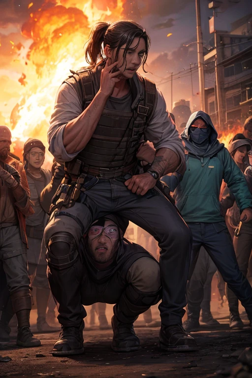 A group of people stood around the fire pit, People who face the Circle of Fire, mutants roaming at night, tribe members attacking, disco elysium style, role play scenario, disco elysium视频游戏, Burning scene in the background, 《The Legend of Korra》set up, opening scene, disco elysium, disco elysium style!!!, Elysium Disco Art