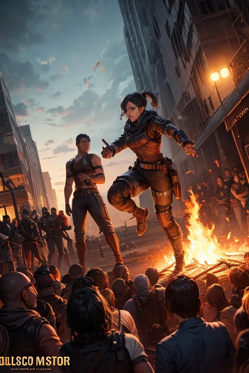 A group of people stood around the fire pit, People who face the Circle of Fire, mutants roaming at night, tribe members attacking, disco elysium style, role play scenario, disco elysium视频游戏, Burning scene in the background, 《The Legend of Korra》set up, opening scene, disco elysium, disco elysium style!!!, Elysium Disco Art