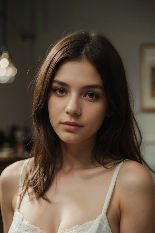 Young girl of European descent, 22, looks at the camera, wearing a black T-shirt and a black miniskirt . The frame shows her in full growth, face with detailed features: Beautiful eyes, thin nose, juicy lips, long eyelashes and detailed hairstyle. The lighting is soft, warm color tones, Photorealism, 8K resolution, High-level granularity. digital art, masterpiece.