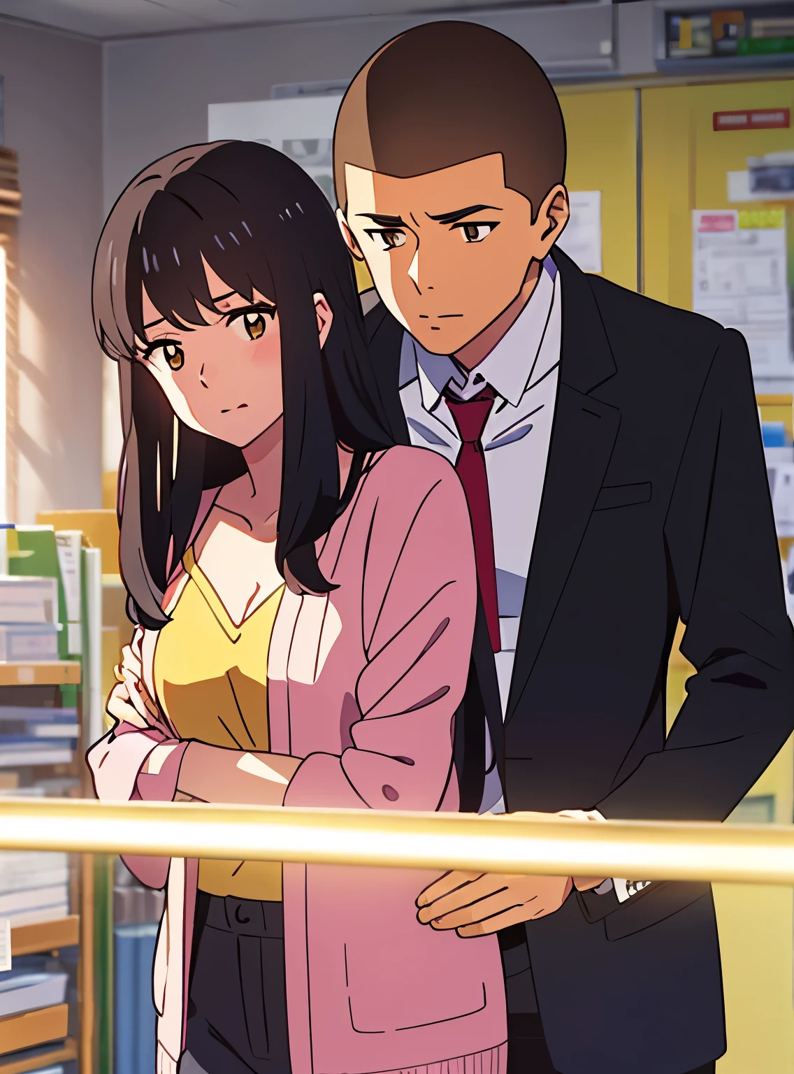 shinkai makoto, kimi no na wa., 1boy, buzzcut,office suit, boy caressing girl's body, passionate hug, boy is hugging from behind, 1girl, bangs, black hair, brown eyes, Twisted Half Up, red ribbon, long hair, long sleeve light pink cardigan, open shirt, yellow shirt, cleavage, breast, medium breast, storage room, indoors, masterpiece, perfect anatomy, cowboyshot