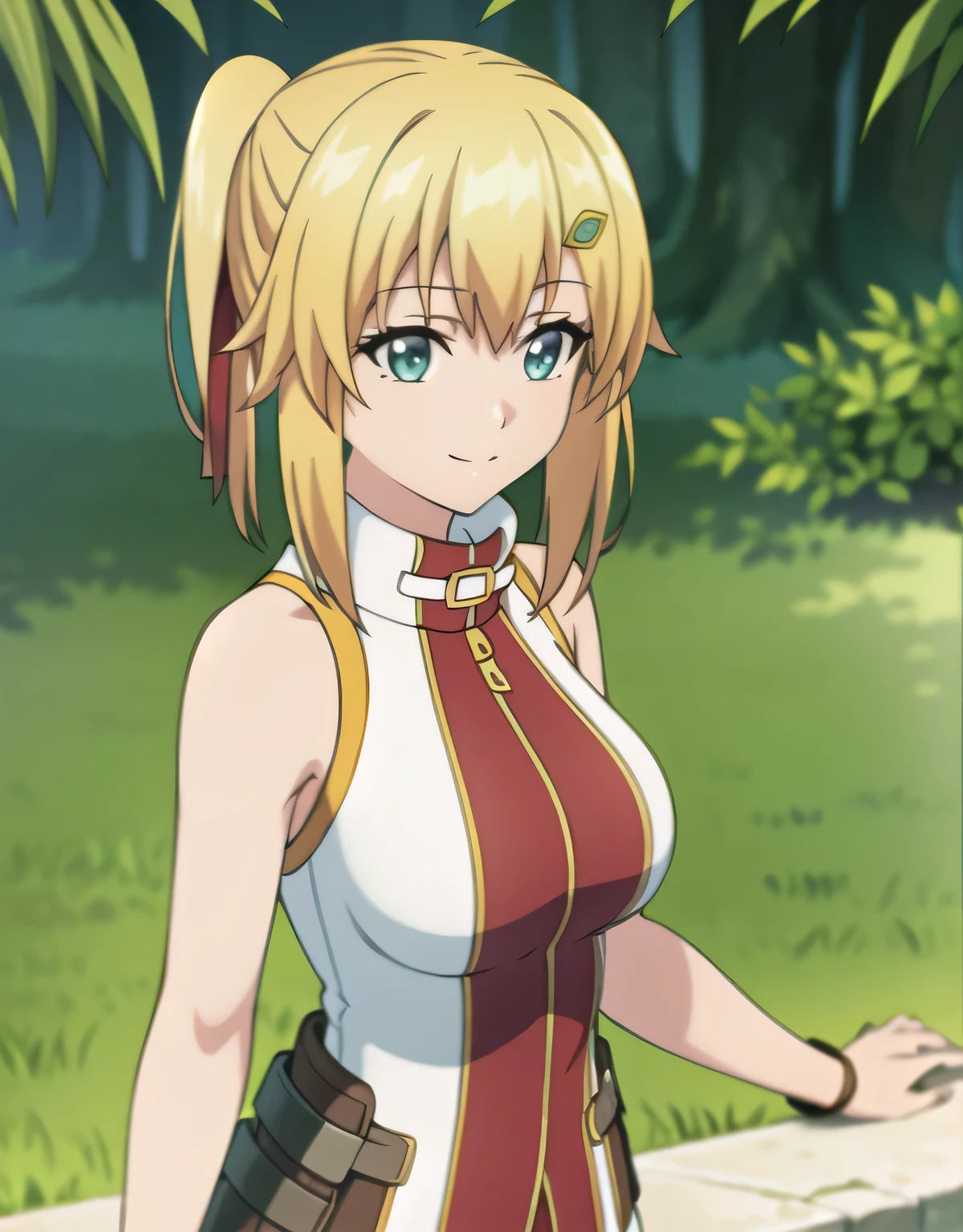 super detailed,emma&#39;s brightness,blonde hair, smile,green eyes,one-sided ponytail, looking at the viewer, hair ornaments,hair ribbon, No sleeve, bare shoulders,(big breasts:1.5),looking at the viewer,Are standing,(((masterpiece))),((highest quality)),perfect anatomy,8K UHD,highly detailed face,luster and luster,((1 girl)),((alone)),perfect image,(Upper body:1.1),(look ahead:1.1),turn your arms behind your back,slim waist,(shiny hair),