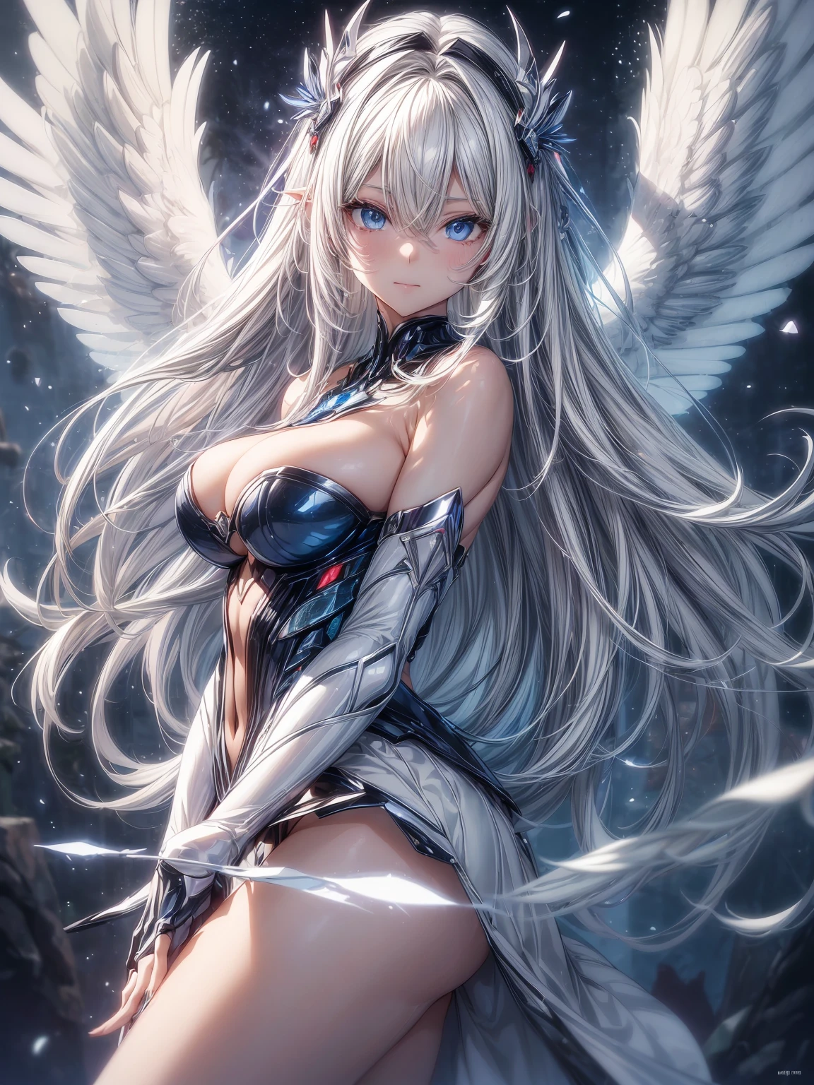 (masterpiece、highest quality, wonderful, very detailedティッカーユニティ、8k wallpaper, Depth of written boundary, Ultra-fine illustration:1.5)、。.。.3D, very detailed, (Full body Esbian、Mecha elf girl:1.3), sci-fi battlefield, Hawken, shy smile, open your mouth、long silver hair, (white blonde hair, deep blue eyes:1.2), sparkling eyes, Embarrassingly cute face, cute, big breasts, delicate hair, messy hair, (((null、青くて広いnull、 White cloud、shiny hair, shiny skin, (Symmetrical mechanical winetallic colored mechanical wings that are widely expanded to the left and right so that they protrude wonderfully from the screen, bite, white hair ornament), (particles of light, cinematic lighting: 1.3), (pale pink lips: 0.8), by Yusuke Murata.