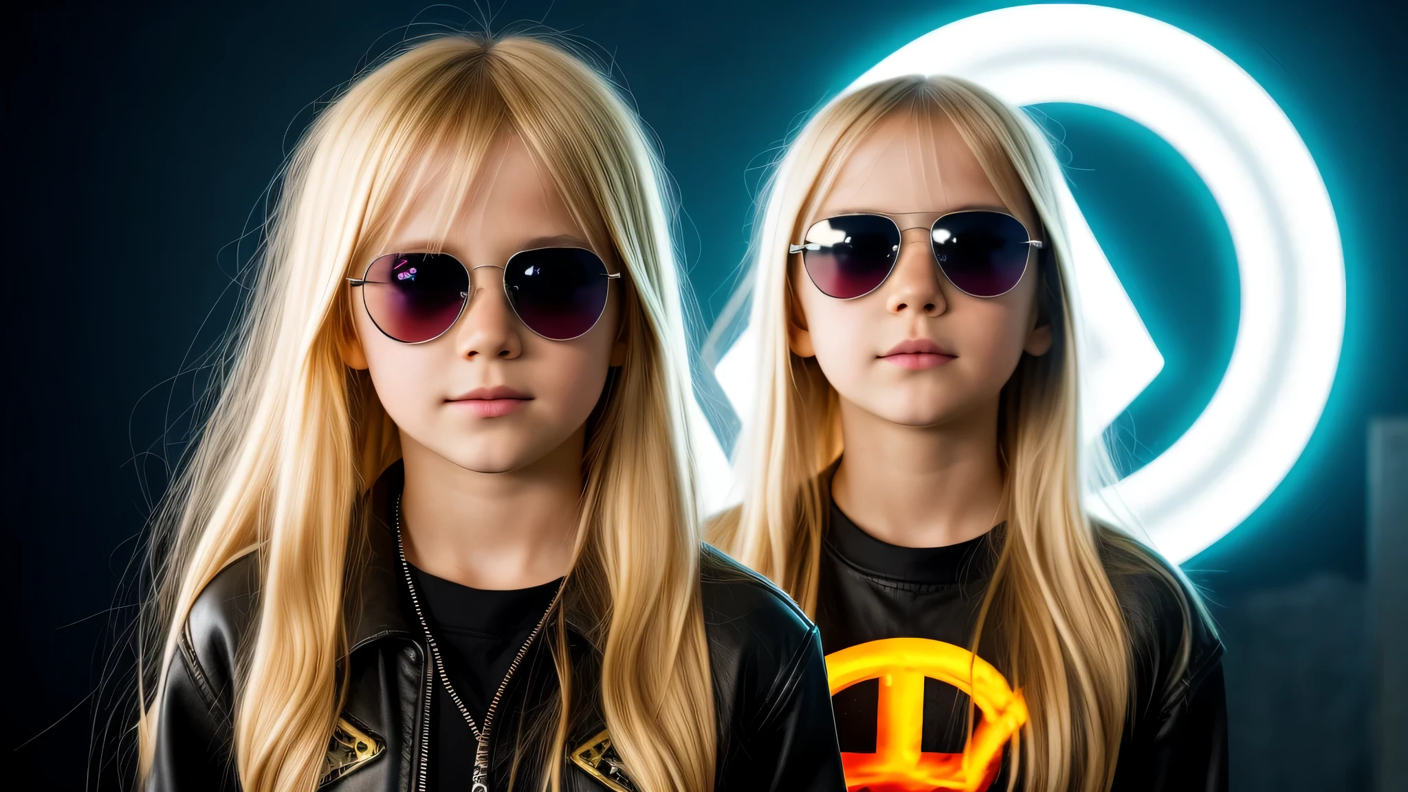 image of a kids girls blonde with sunglasses and a sign, halo on fire, heavy metal band promo,